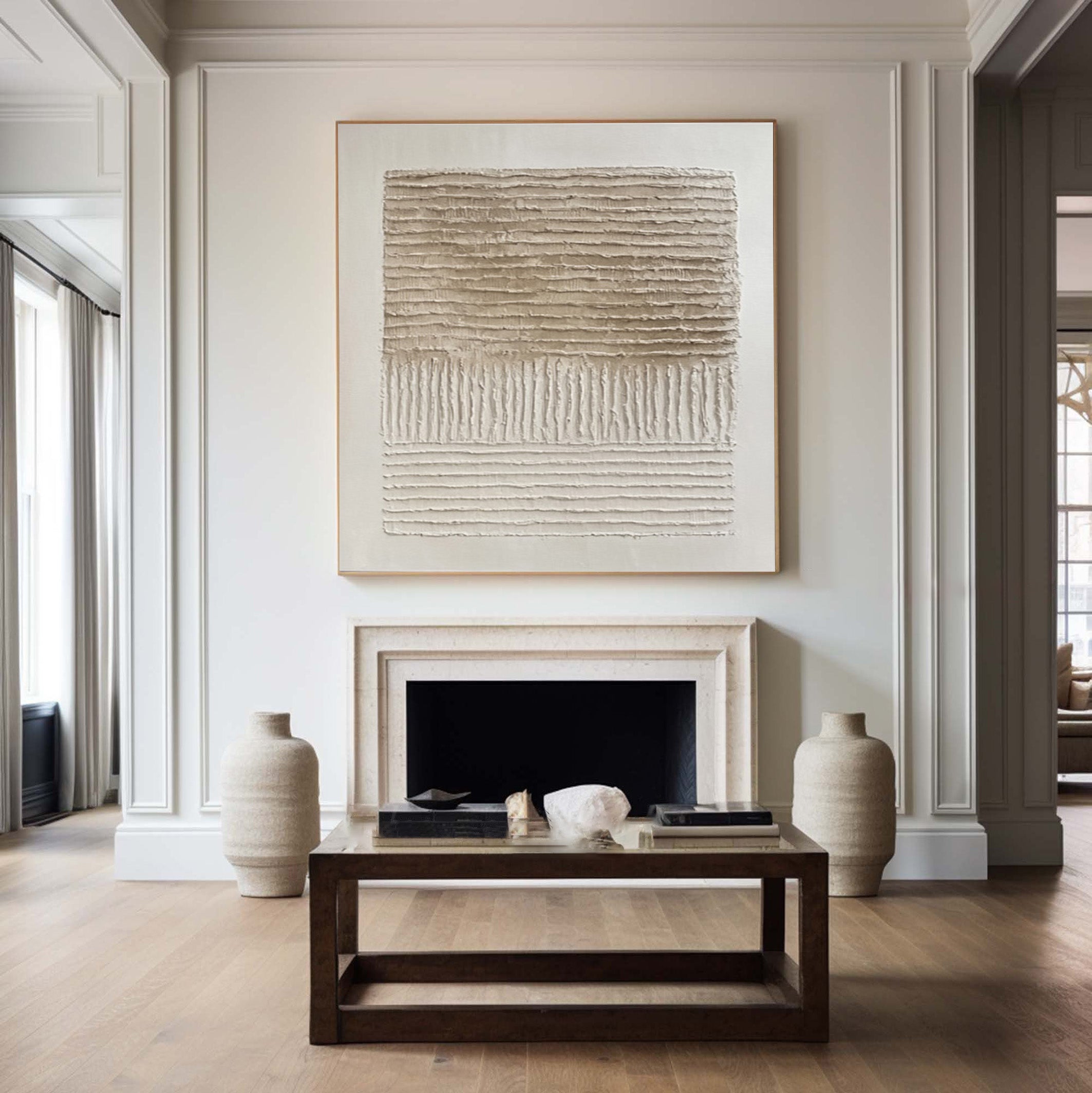 Abstract Neutral Art with Impasto Layers and Vertical Core #MM561