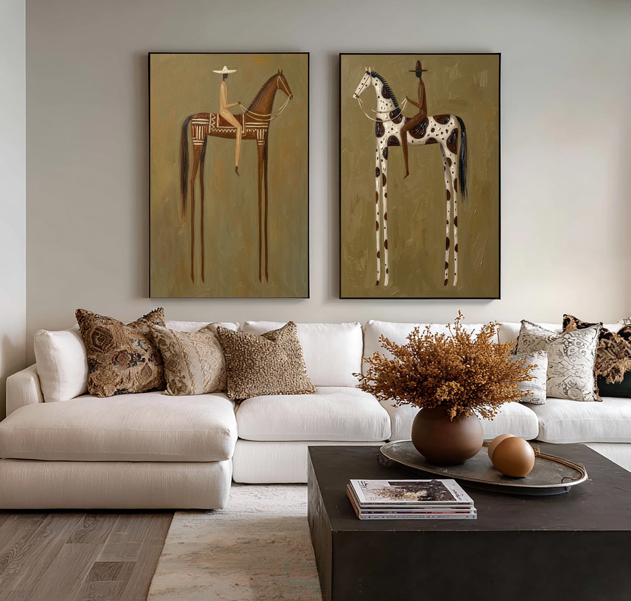 Large Cowboy Horse Wall Art Modern Western Heritage Diptych Canvas