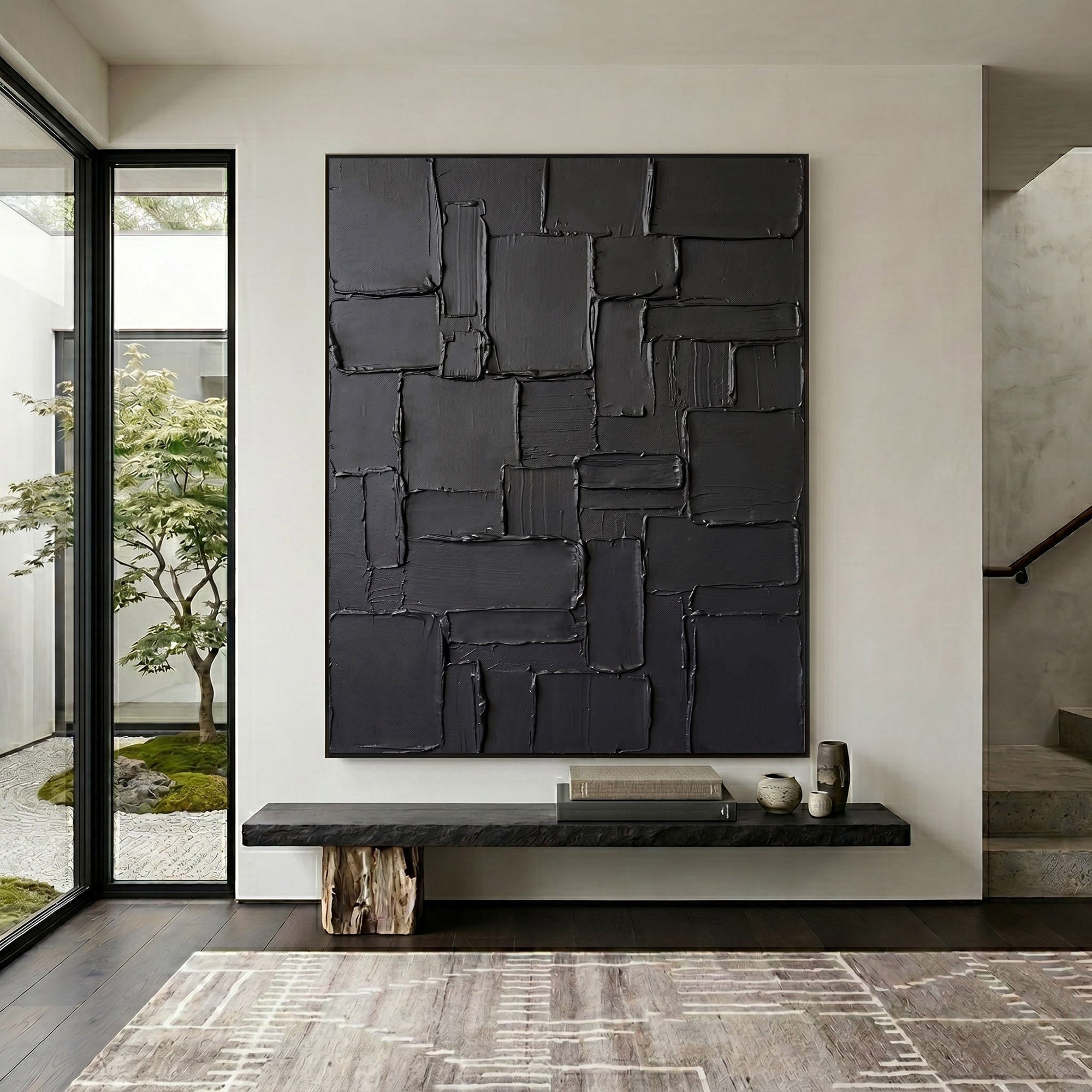 Modern Black Abstract Wall Art Textured 3D Relief Canvas Painting Architectural Minimalist Decor