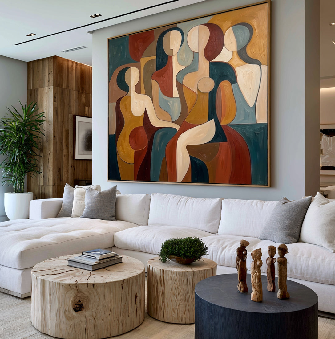 Large Geometric Abstract Female Figures Wall Art Modern Cubist Inspired Oil Painting Colorful Figurative Portrait Contemporary Living Room Decor