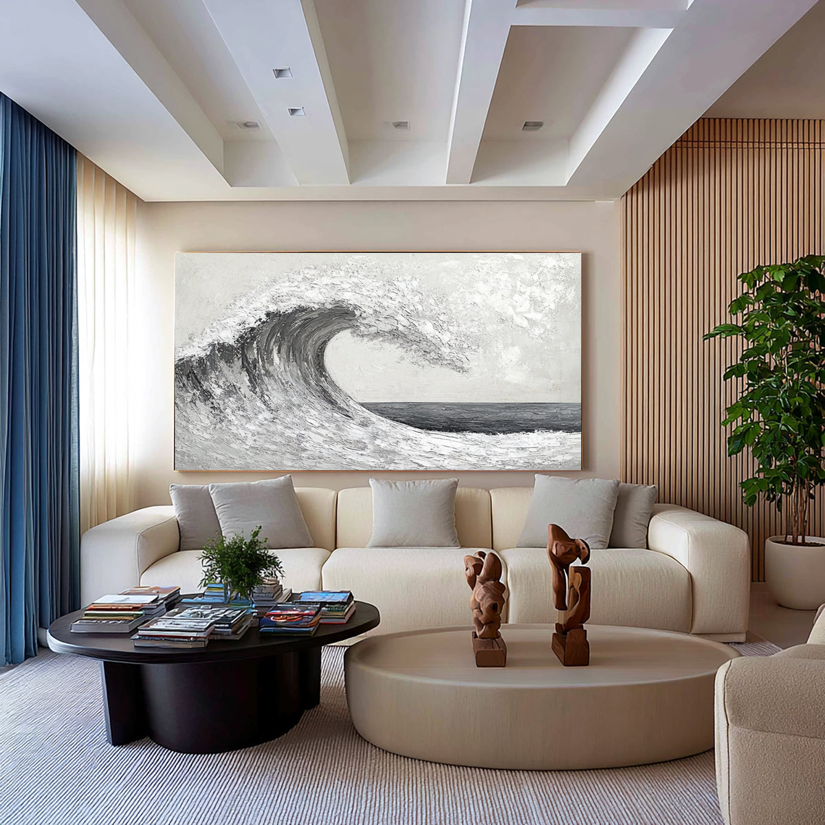 Wave In Motion Textured Ocean Artwork Handmade Monochrome Seascape Large Coastal Wall Painting Modern Decor