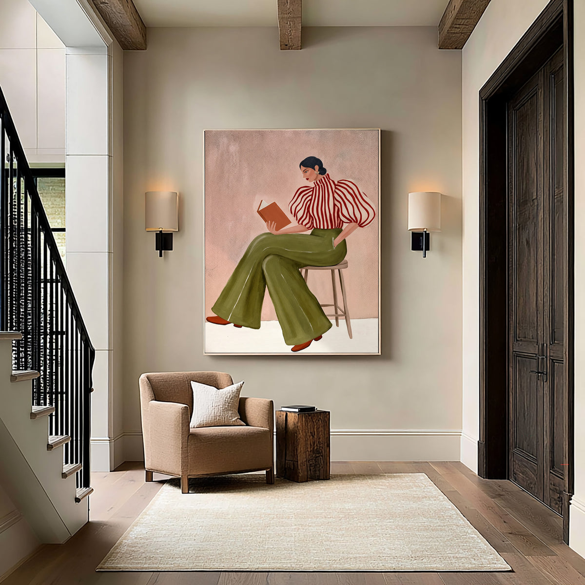 Modern Woman Reading Book Striped Blouse Figurative Painting Wall Art