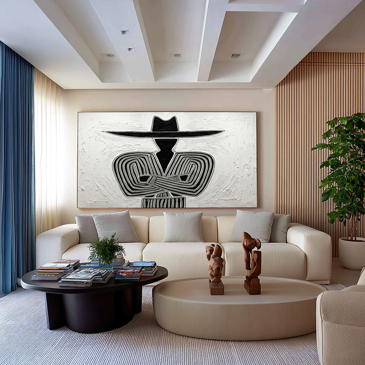 Large Oil Painting Textured Cowboy Minimalist Abstract Black White Western Art