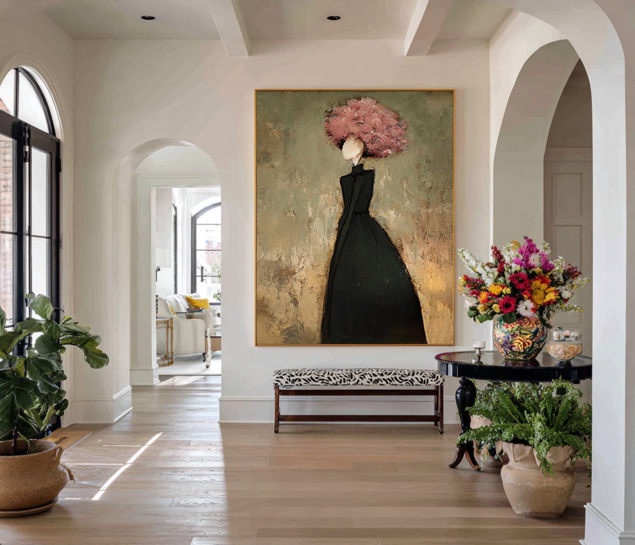 Large Woman Silhouette Wall Art Floral Oil Painting Modern Abstract Black Dress Contemporary Interior Decor