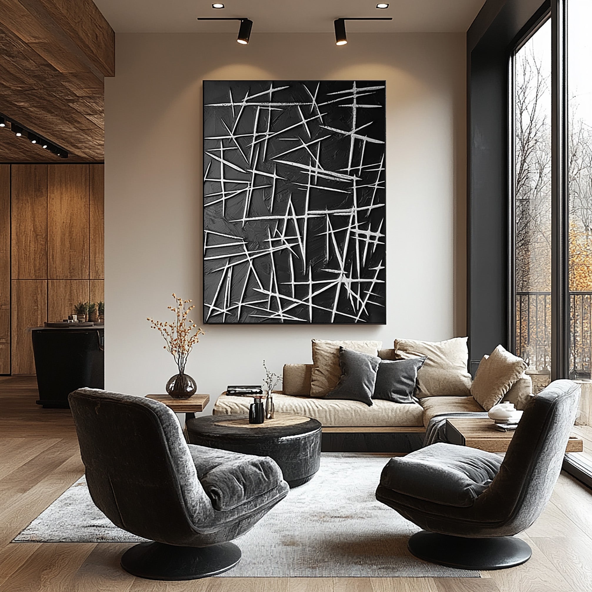 Framed White Line Contrast, Dark Textured Play, Modern Wall Art #MM413
