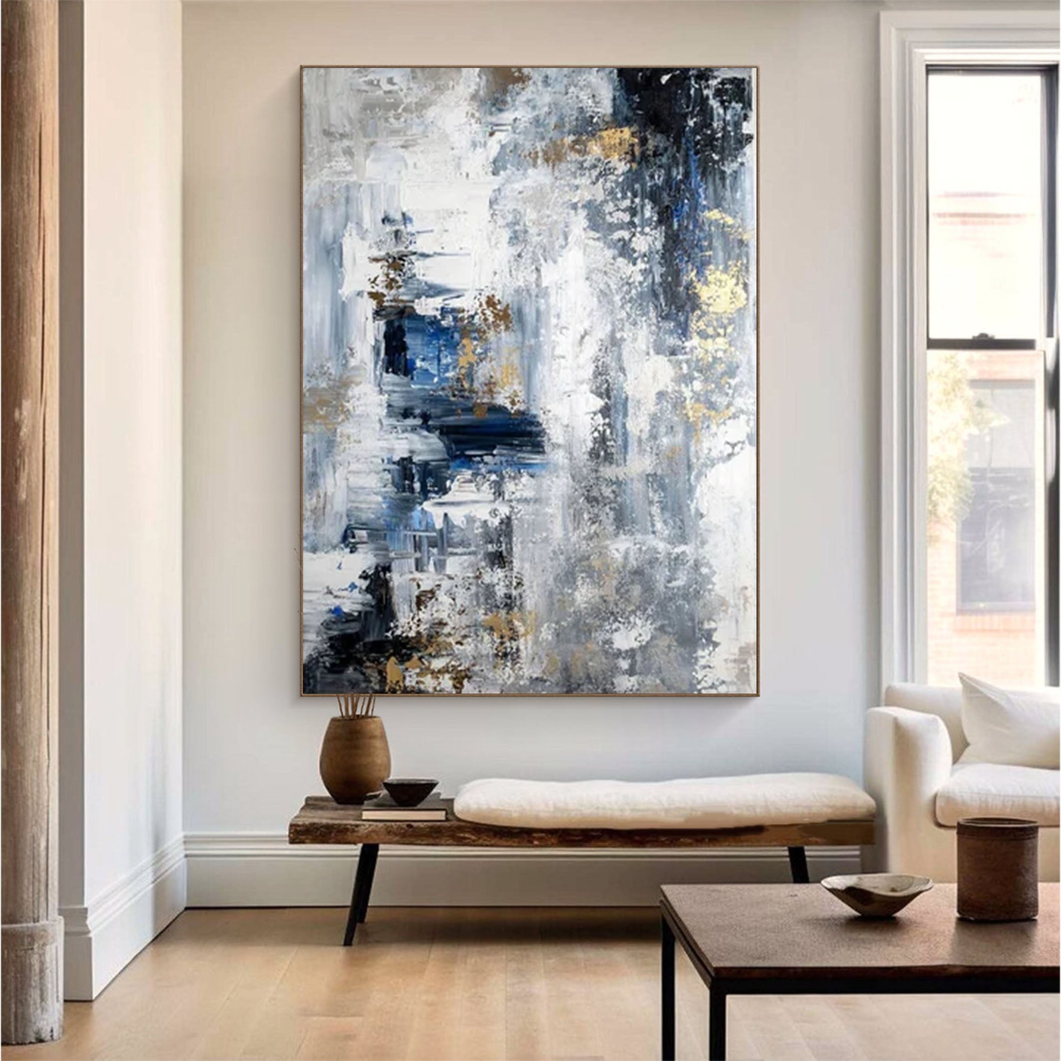 Blue & White Abstract Painting for Contemporary Walls #AB062