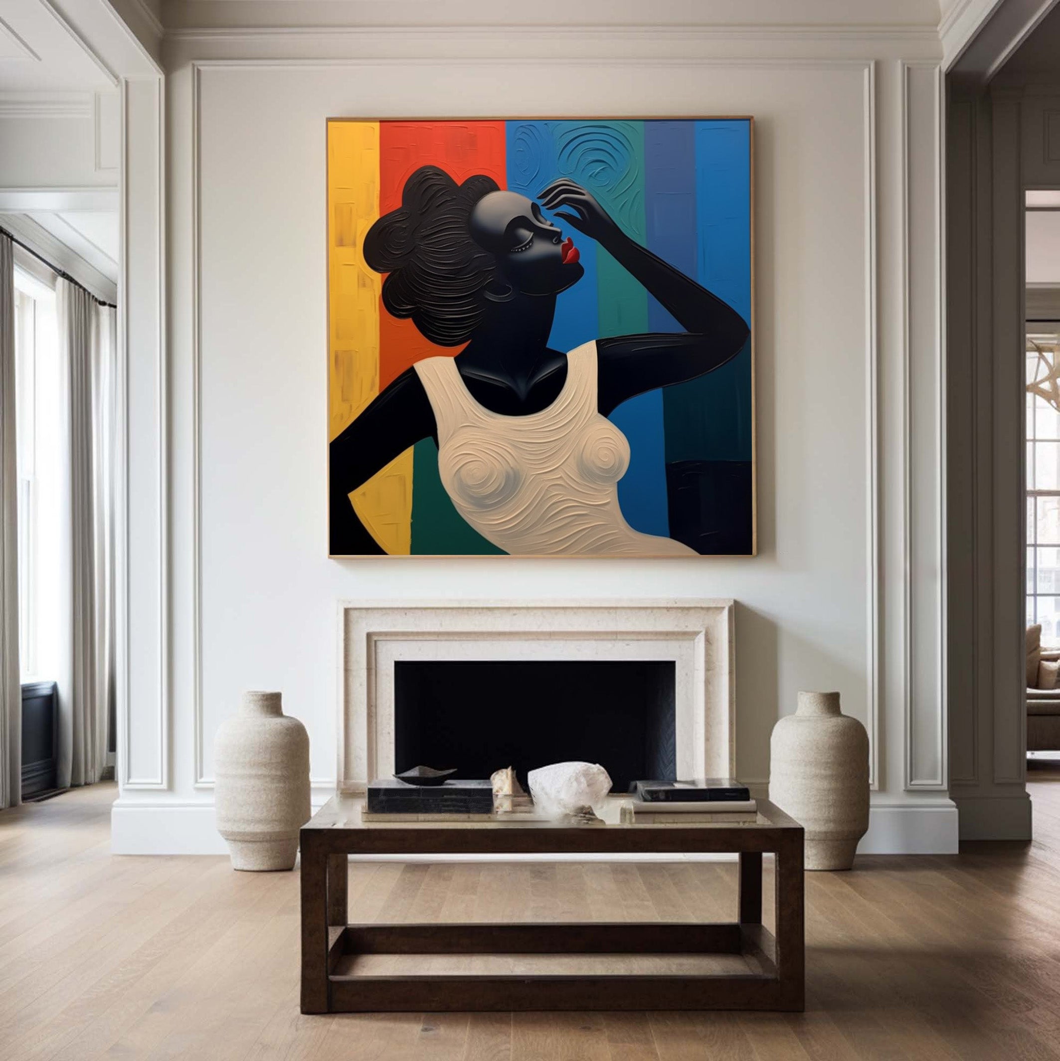 Color and Contour: Bold Portrait with Textured Stripes Wall Art #MM518