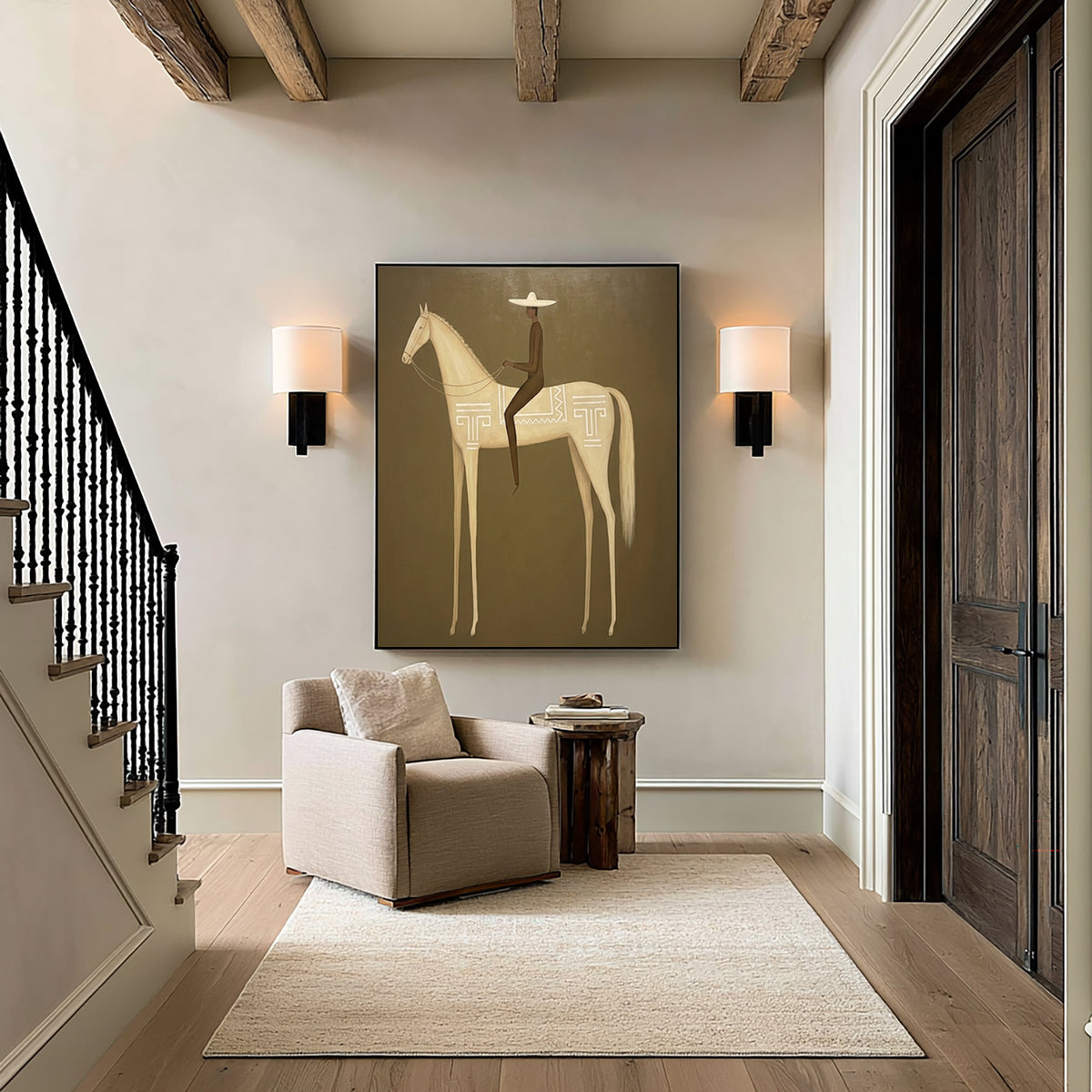 Large Minimalist Americana Horse Rider Wall Art Equestrian Oil Painting Cowboy Cowgirl Inspired Western Artwork Modern Interior Decor