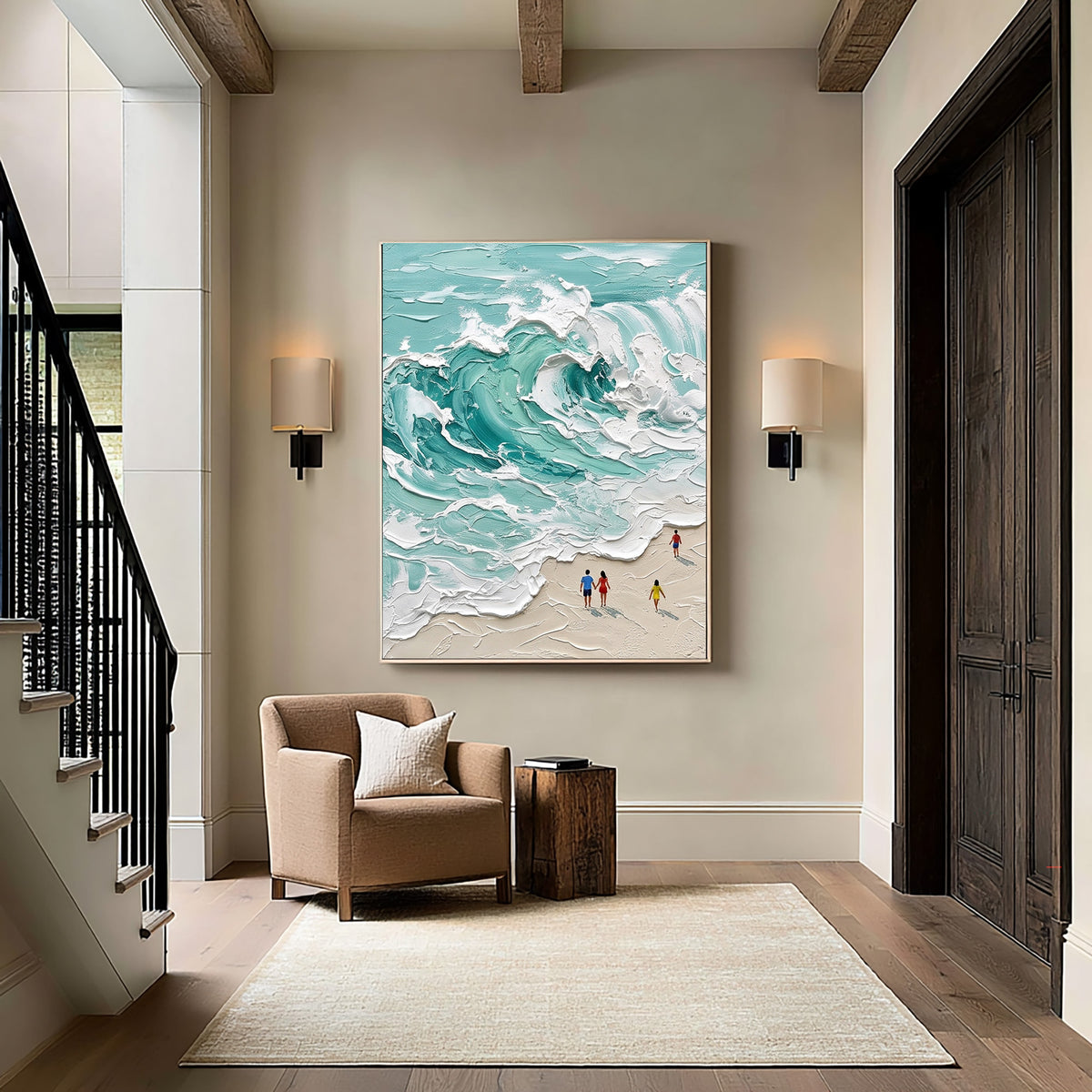 Large Coastal Beach Ocean Waves Wall Art Turquoise Sea Textured Oil Painting Seascape Artwork Luxury Beach House Decor