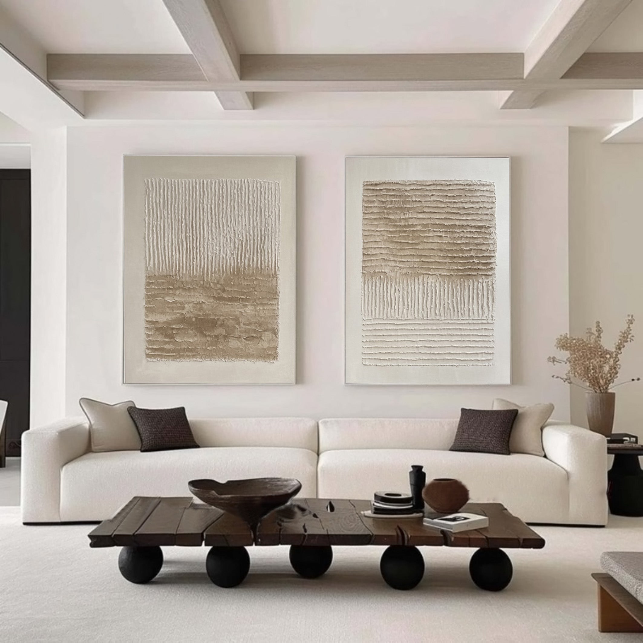 Woven Silence: Minimalist Neutral Set Of 2 with Impasto Lines #MM558