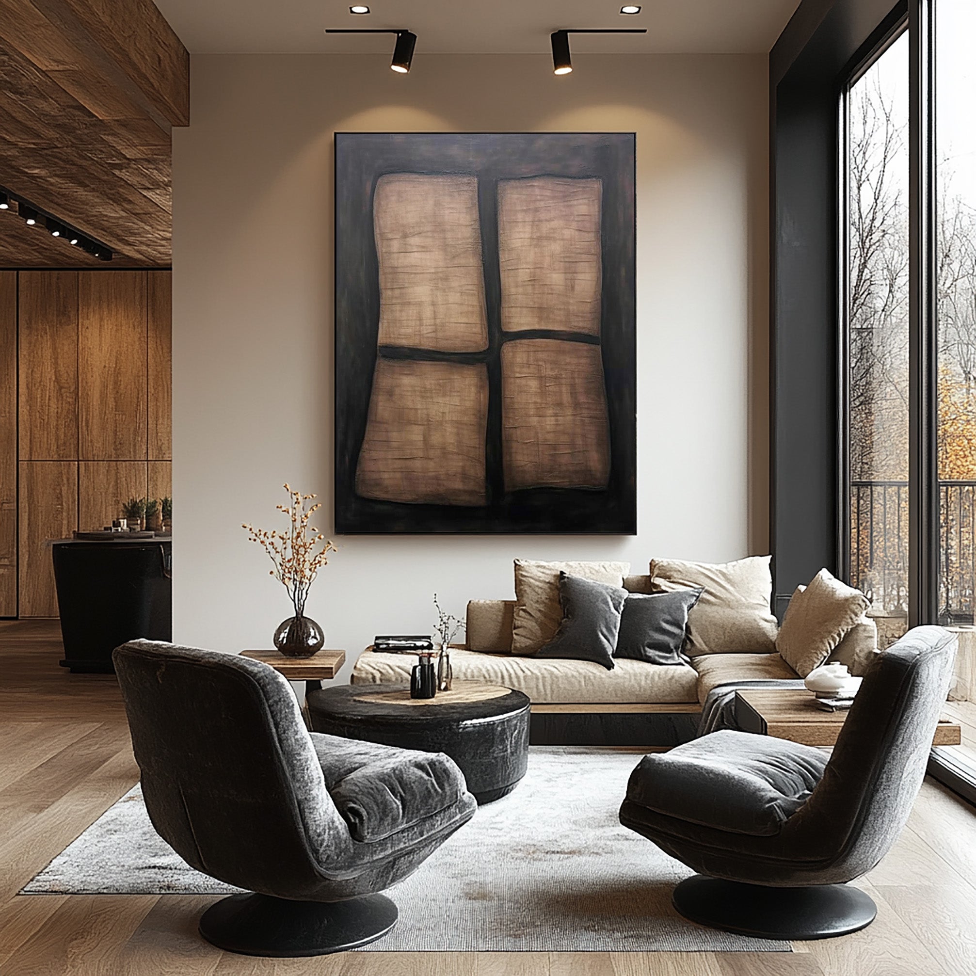 Earth Tone Abstraction With Dark Background, Modern Grid Canvas #MM409