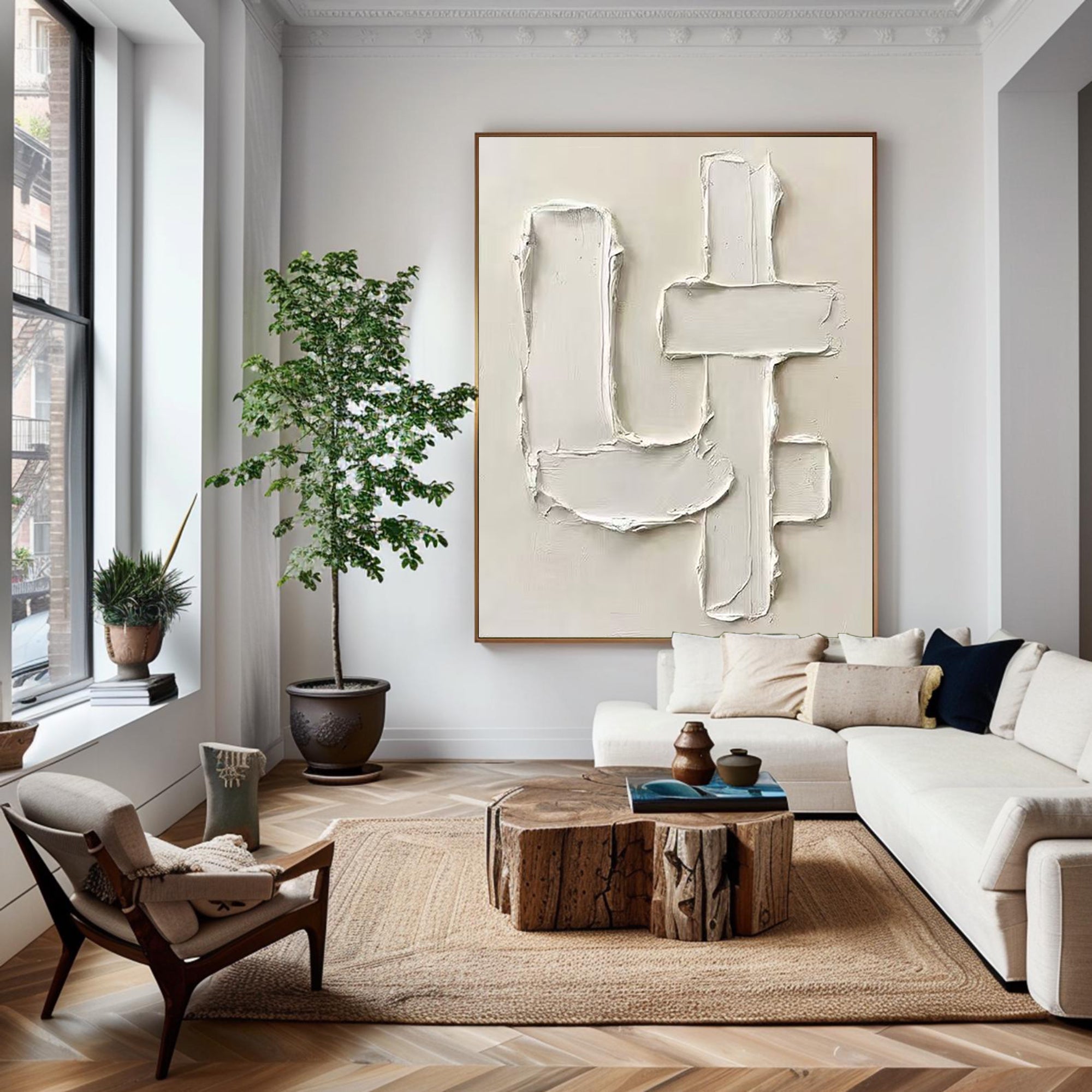 Large Contemporary Oil Painting with Abstract Architectural Texture Art