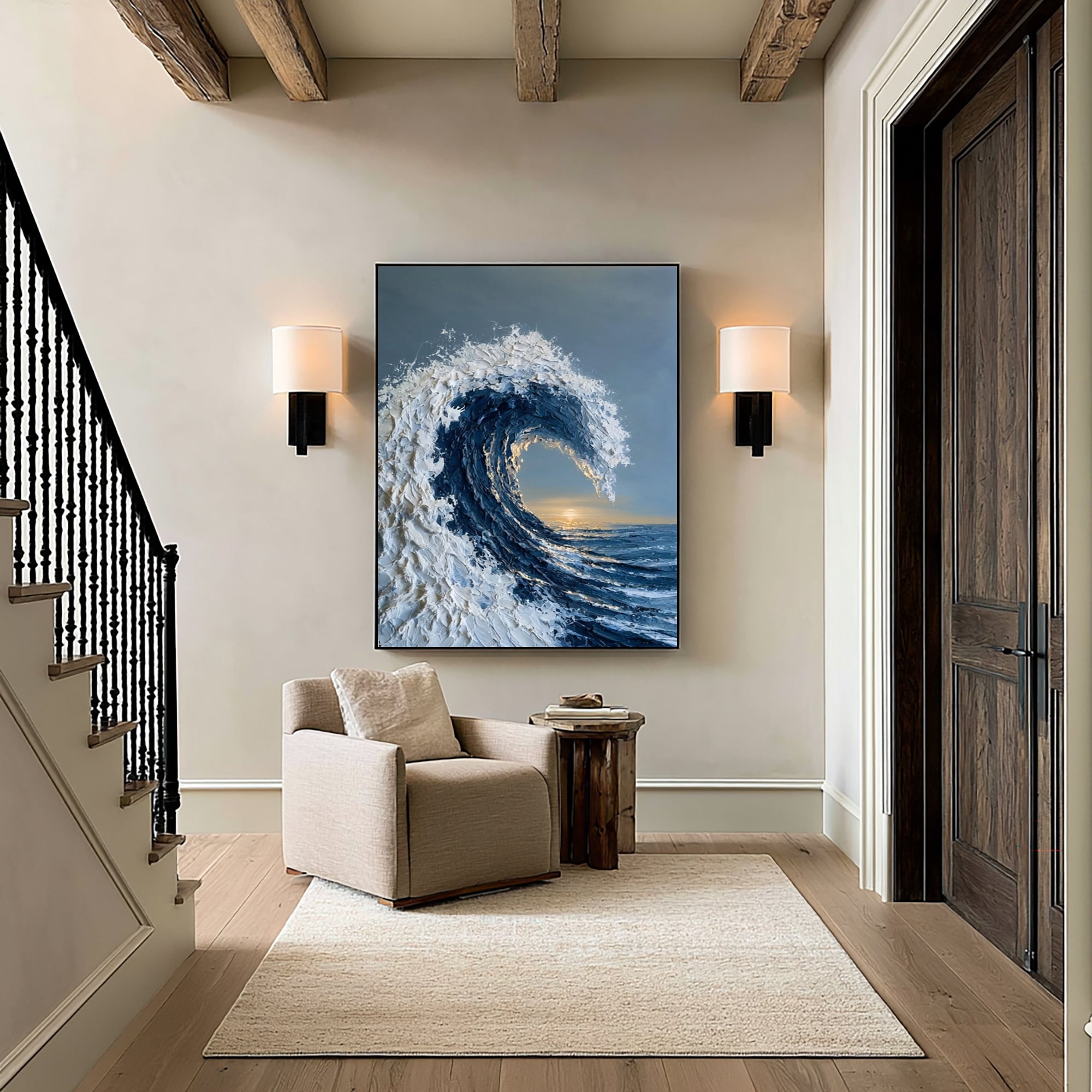 Large Modern Coastal Ocean Wall Art Textured Wave Oil Painting Seascape Cowboy Cowgirl Inspired Vintage Americana Artwork Contemporary Home Decor