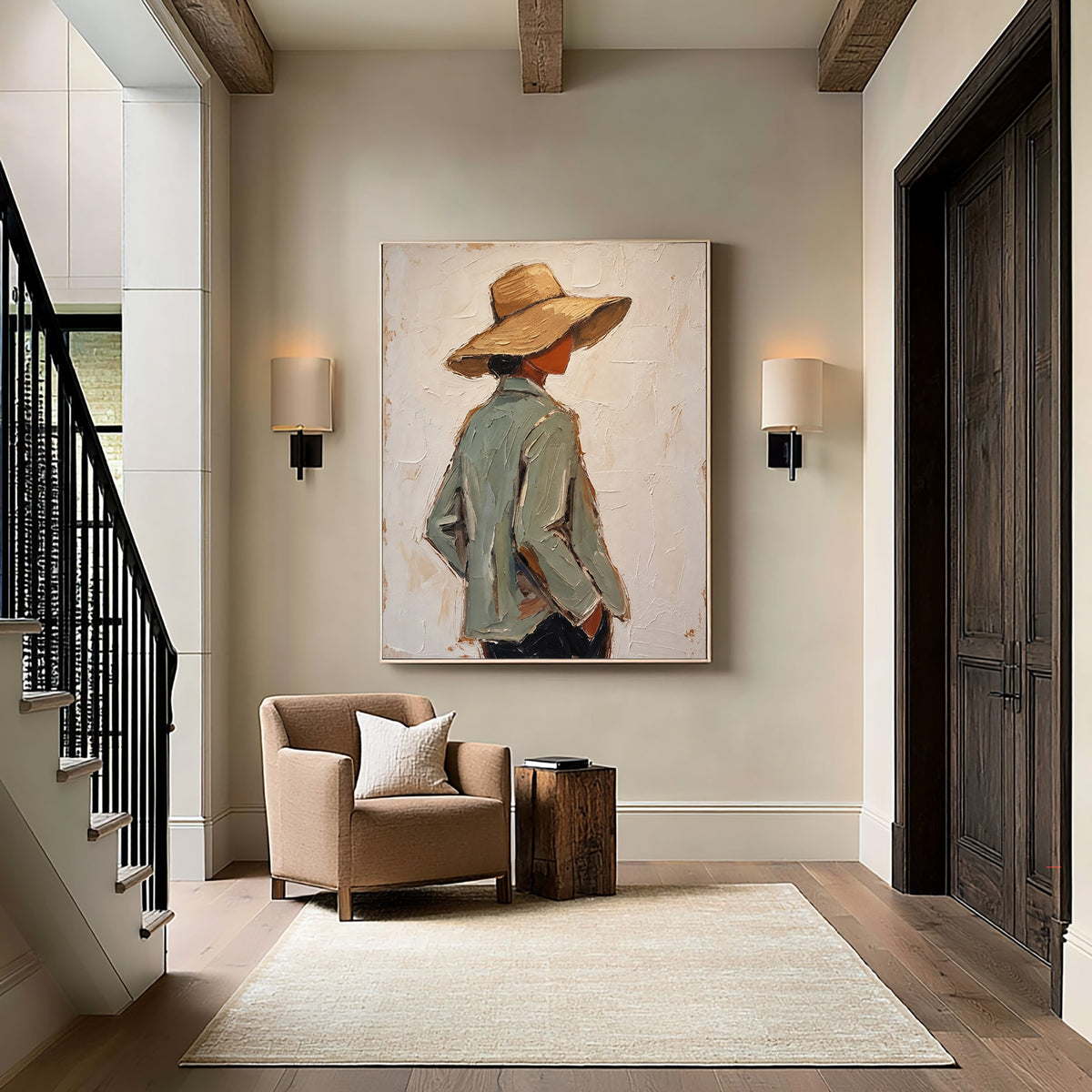 Modern Woman Straw Hat Figurative Painting Contemporary Wall Art
