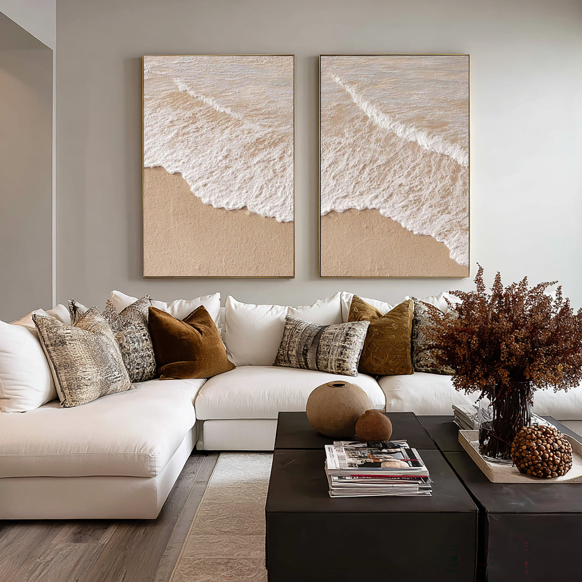 Large Textured Ocean Waves Diptych Wall Art Beige White Coastal Seascape 3D Oil Painting Minimalist Two Piece Canvas Modern Home Decor