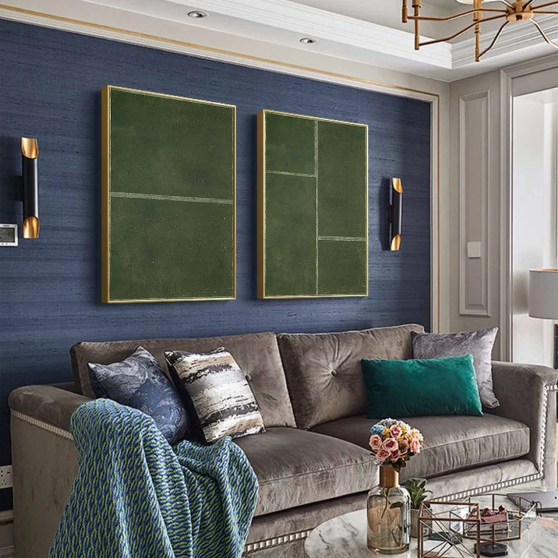 لوحة فنية ثنائية الألوان باللون الأخضر بخطوط هندسية #MM229