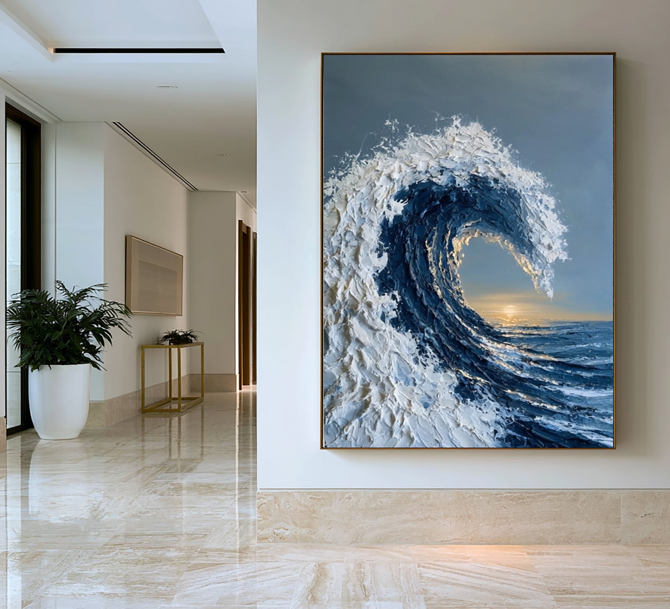 Large Modern Coastal Ocean Wall Art Textured Wave Oil Painting Seascape Cowboy Cowgirl Inspired Vintage Americana Artwork Contemporary Home Decor