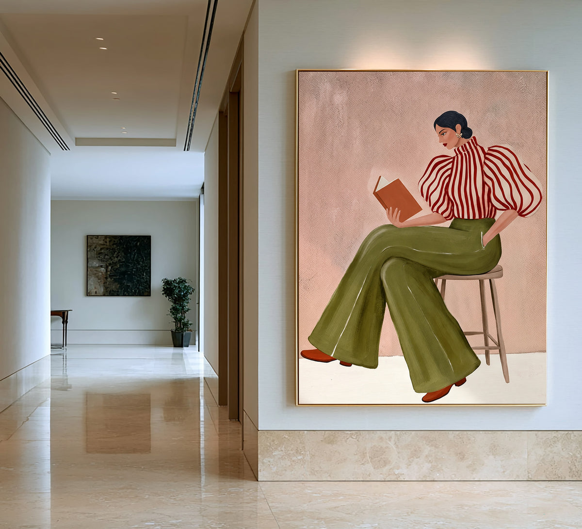 Modern Woman Reading Book Striped Blouse Figurative Painting Wall Art