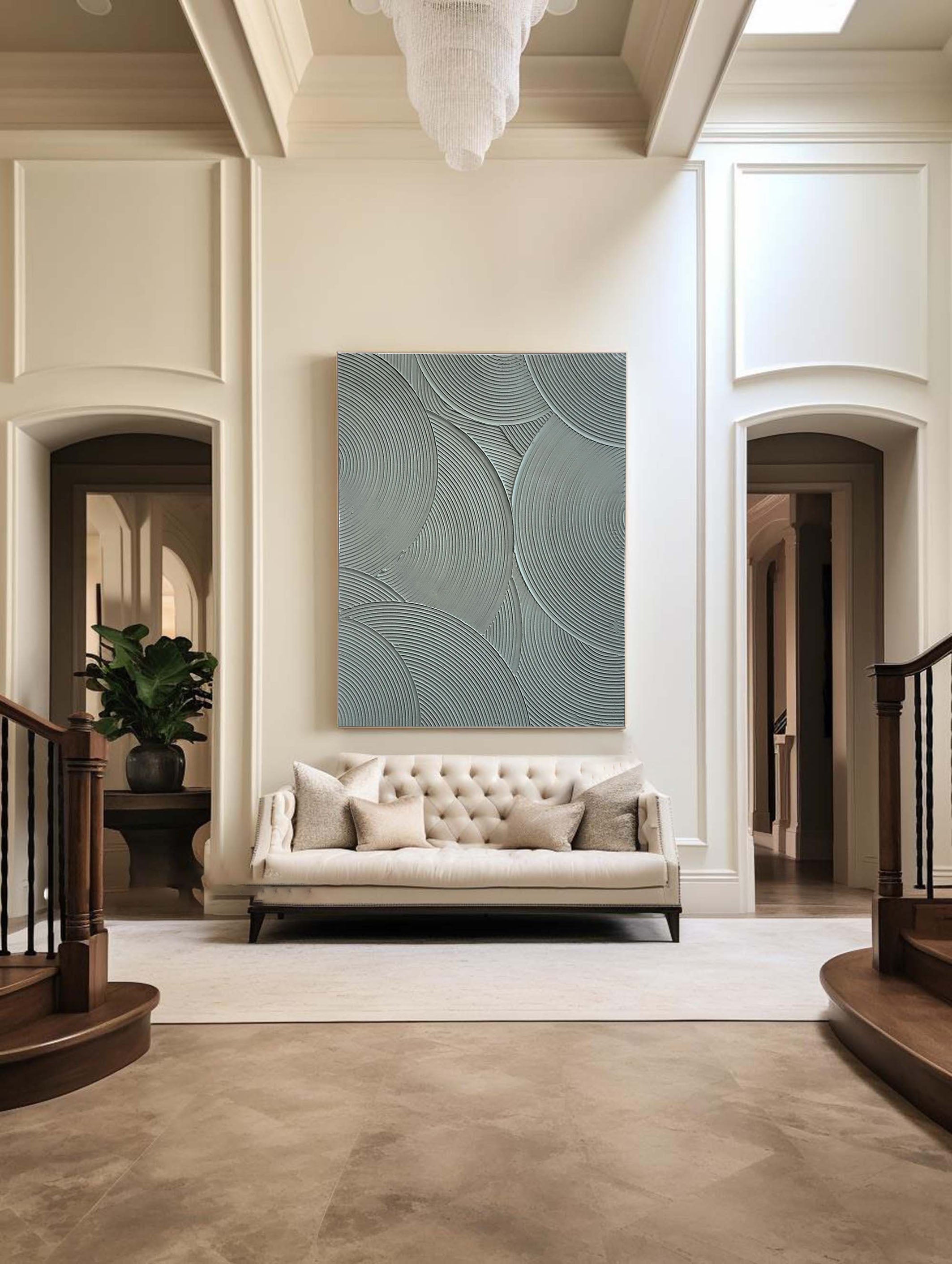 لوحة فنية جدارية بسيطة بنمط دائري باللونين الرمادي والأخضر على قماش #MM105