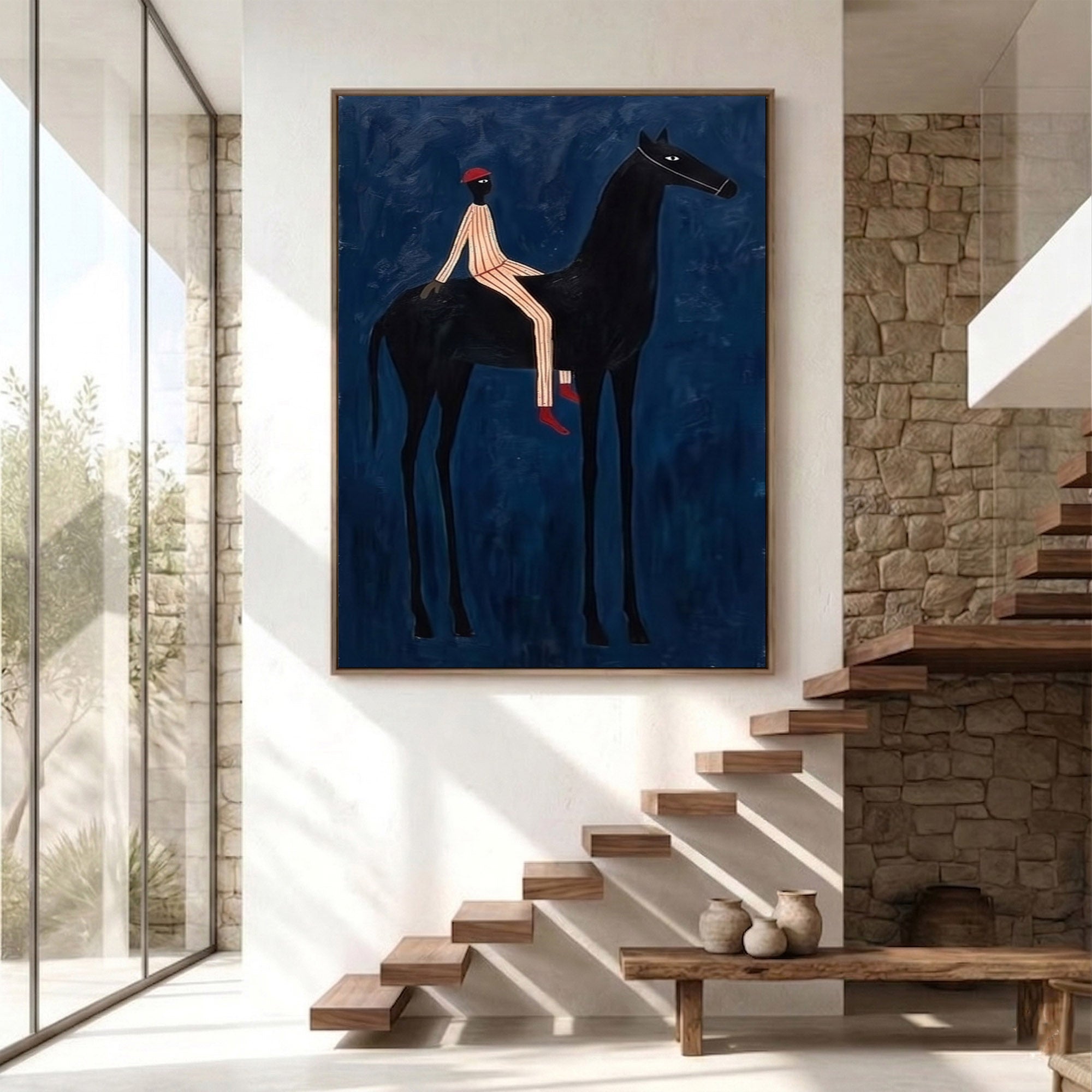 Large Cowboy Wall Art Blue Horse Painting Contemporary Western Decor