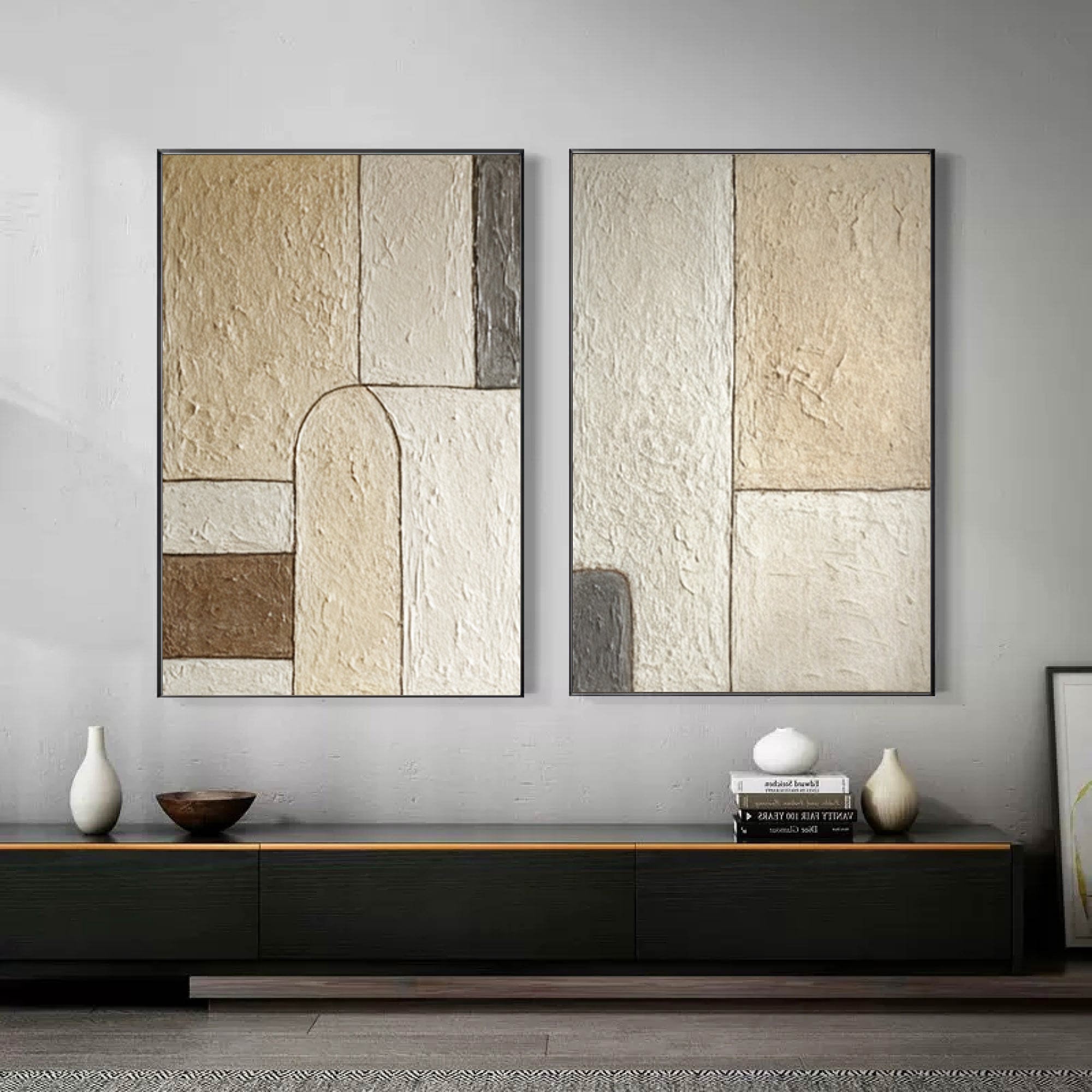 Minimalist Duo Wall Art - Neutral Abstract Canvas Prints #AG 049