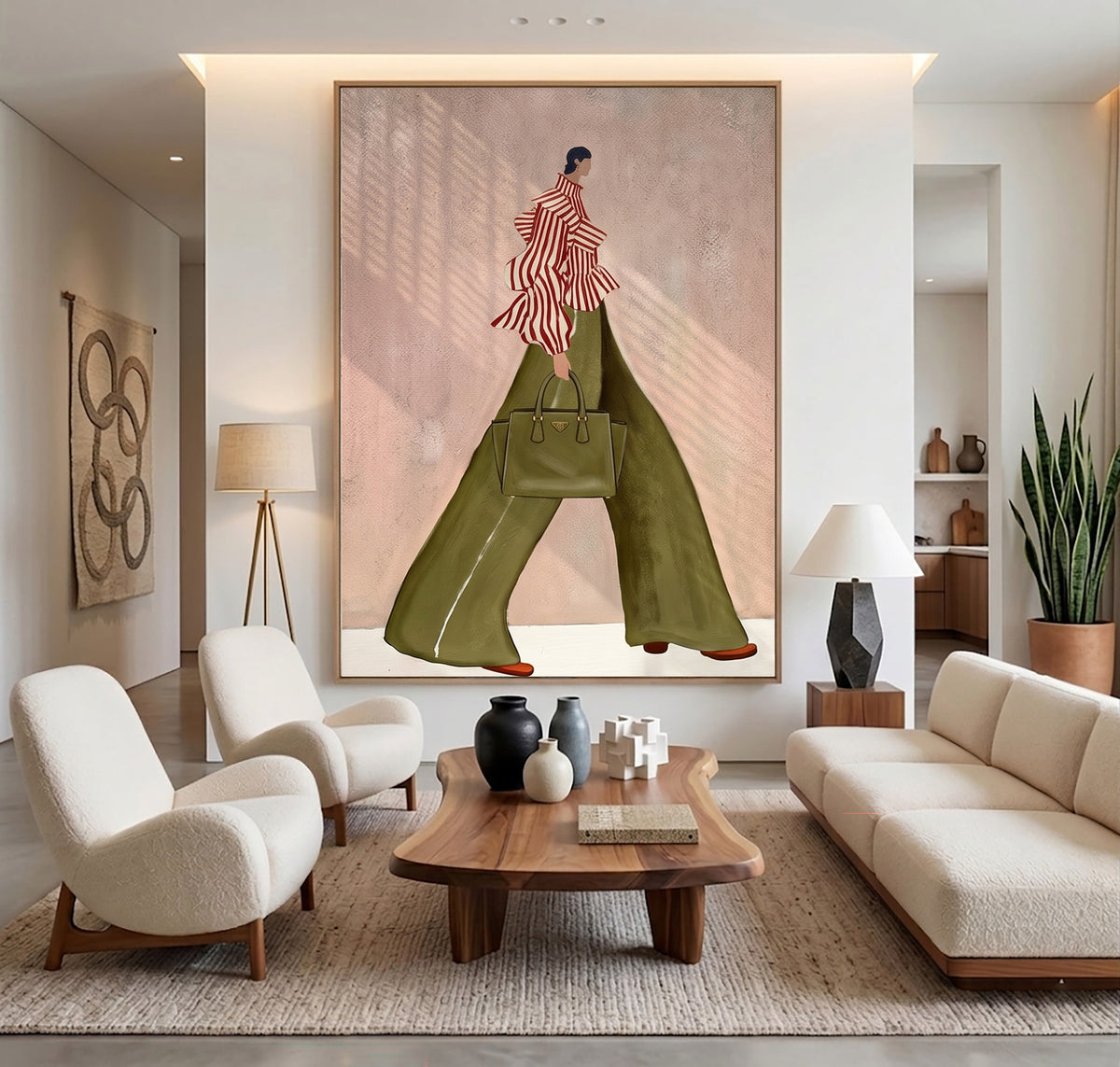 Fashion Woman Wall Art Green Pants Striped Top Hand Painted Art