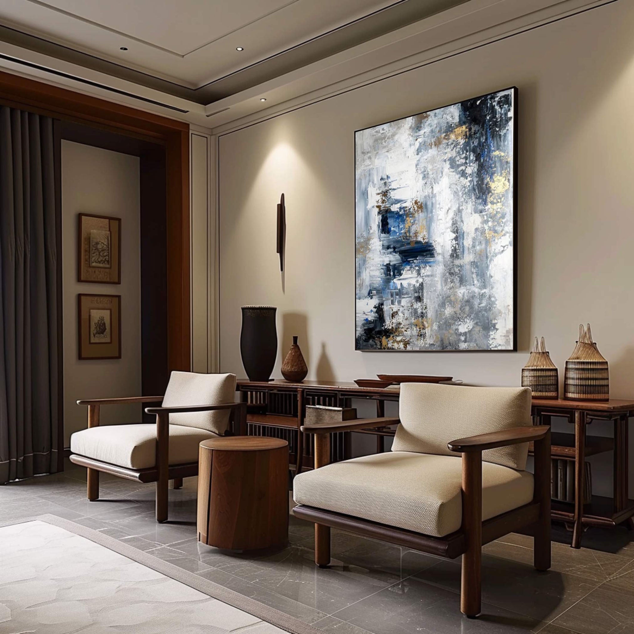 Blue & White Abstract Painting for Contemporary Walls #AB062