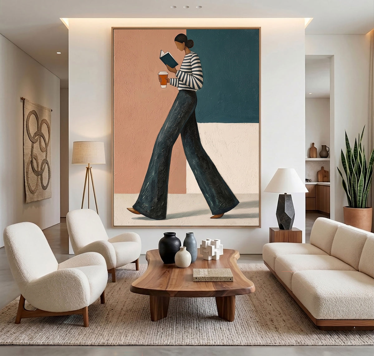 Stylish Woman Walking Coffee Book Contemporary Fashion Painting Wall Art