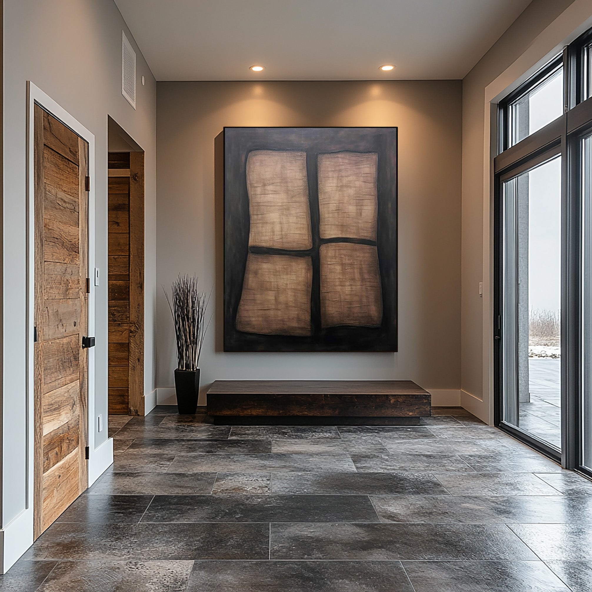 Earth Tone Abstraction With Dark Background, Modern Grid Canvas #MM409