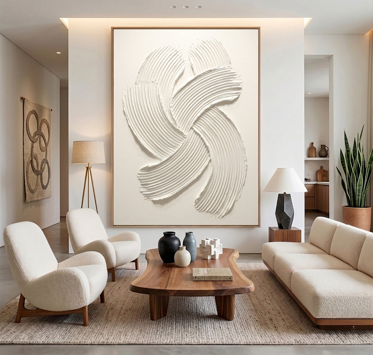 Rhythmic Curves Handmade Textured Abstract Artwork White Sculptural Relief Painting Contemporary Wall Decor