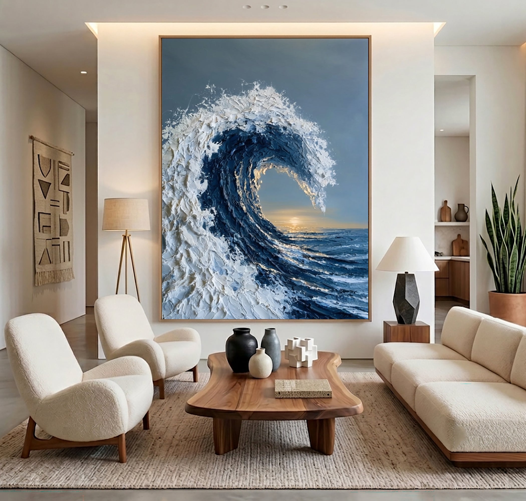 Large Modern Coastal Ocean Wall Art Textured Wave Oil Painting Seascape Cowboy Cowgirl Inspired Vintage Americana Artwork Contemporary Home Decor