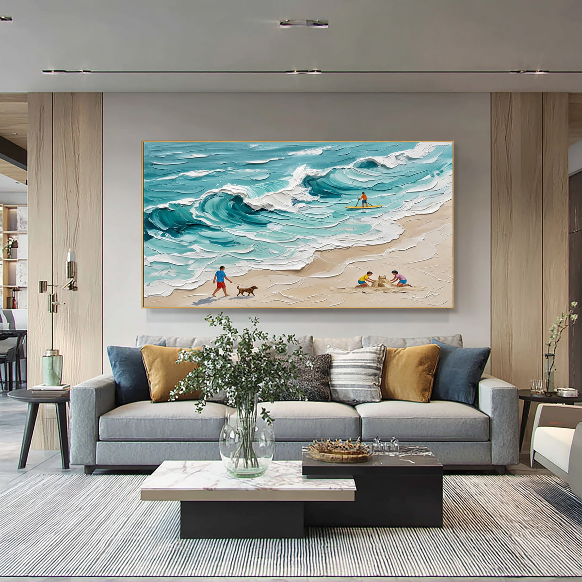 Large Textured Oil Painting Family Beach Scene Turquoise Ocean Coastal Art