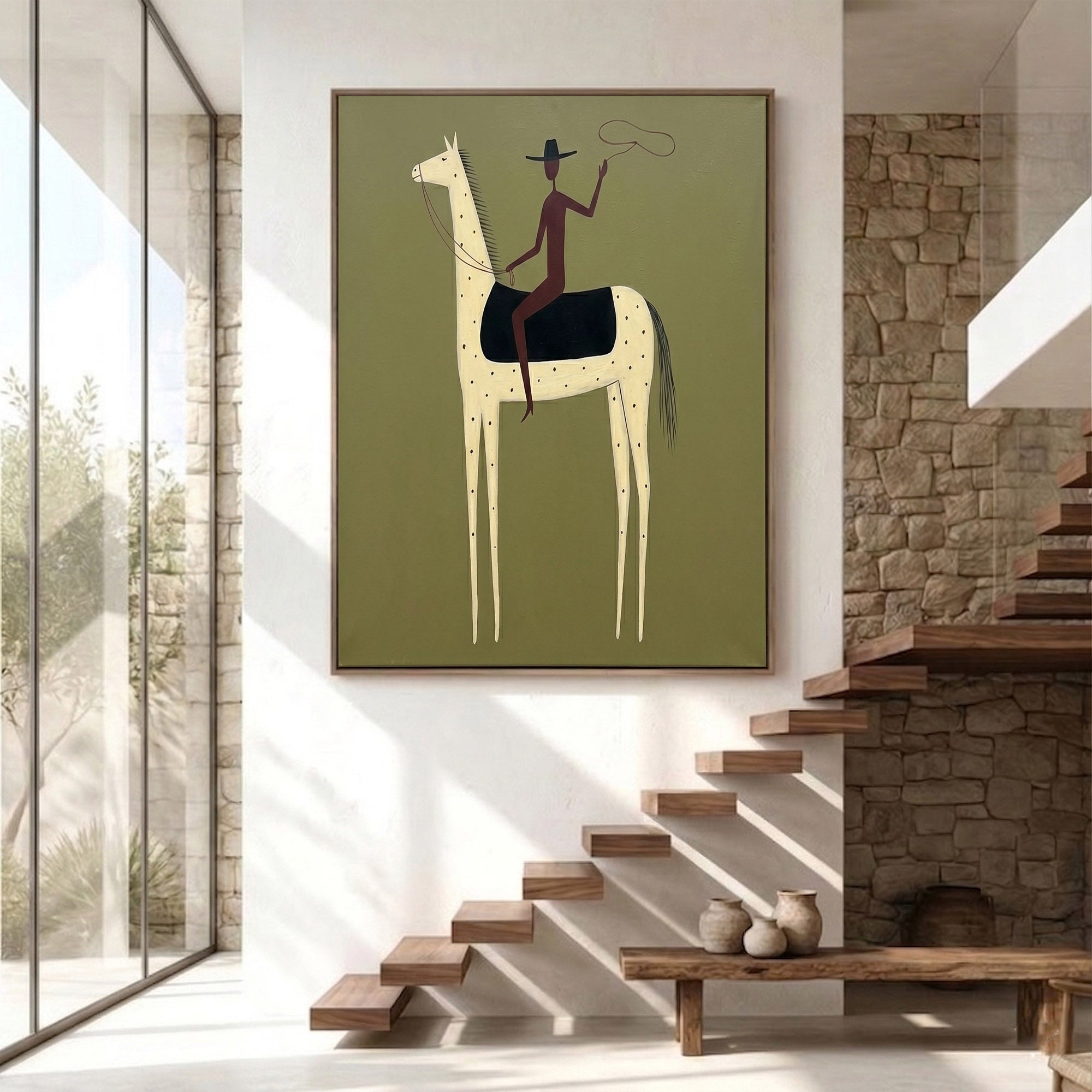 Large Lone Cowboy Wall Art Contemporary Horse Painting Western Artwork