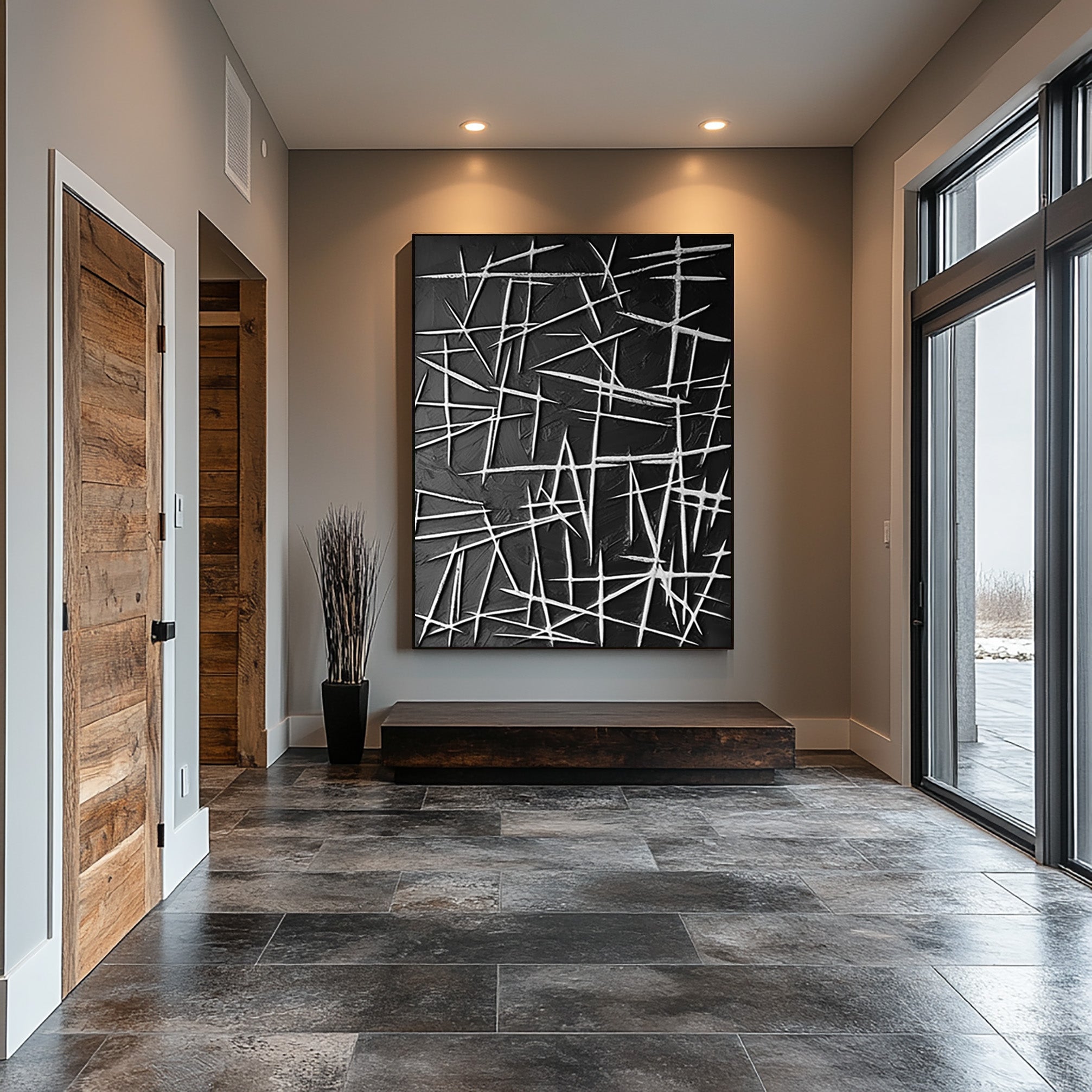 Framed White Line Contrast, Dark Textured Play, Modern Wall Art #MM413