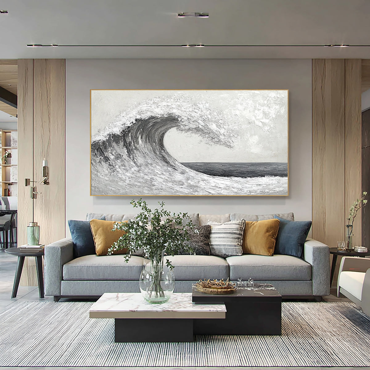 Wave In Motion Textured Ocean Artwork Handmade Monochrome Seascape Large Coastal Wall Painting Modern Decor