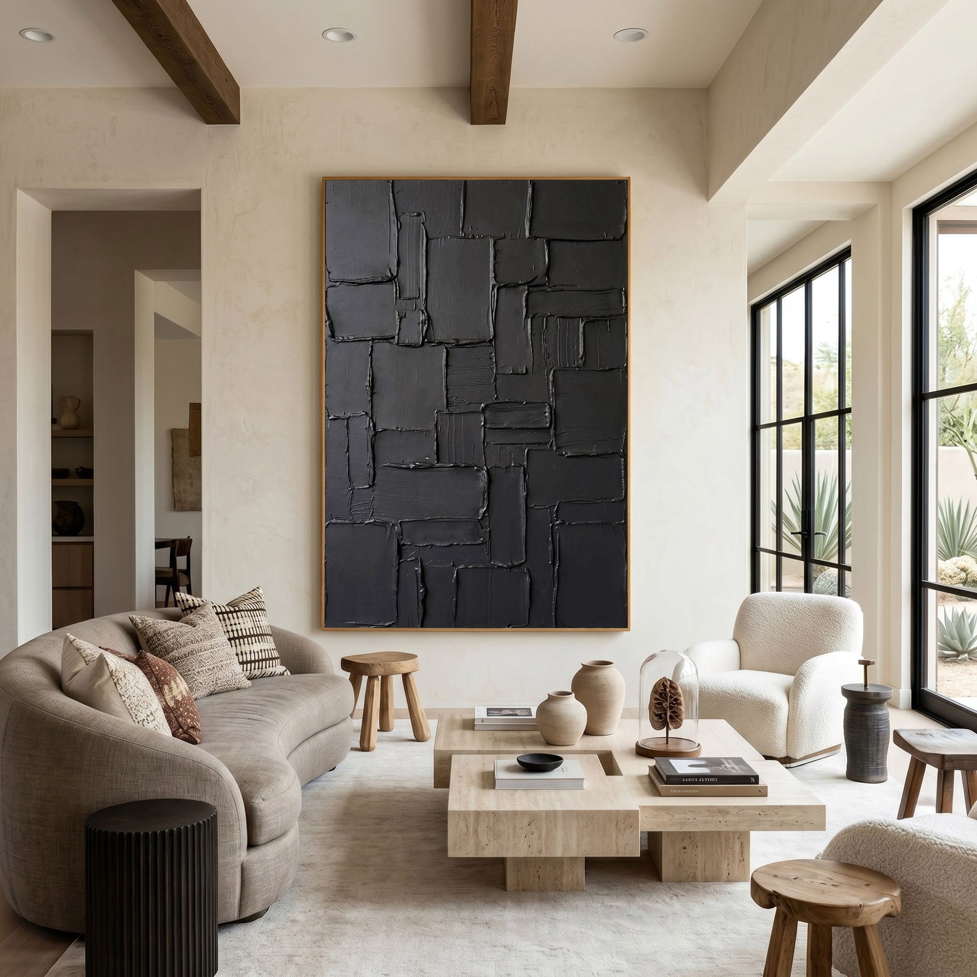 Modern Black Abstract Wall Art Textured 3D Relief Canvas Painting Architectural Minimalist Decor