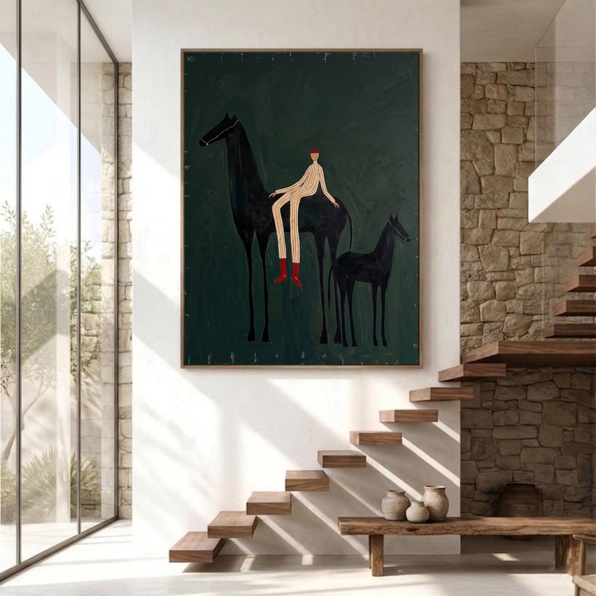 Large Cowboy Horse Wall Art Green Western Equestrian Painting