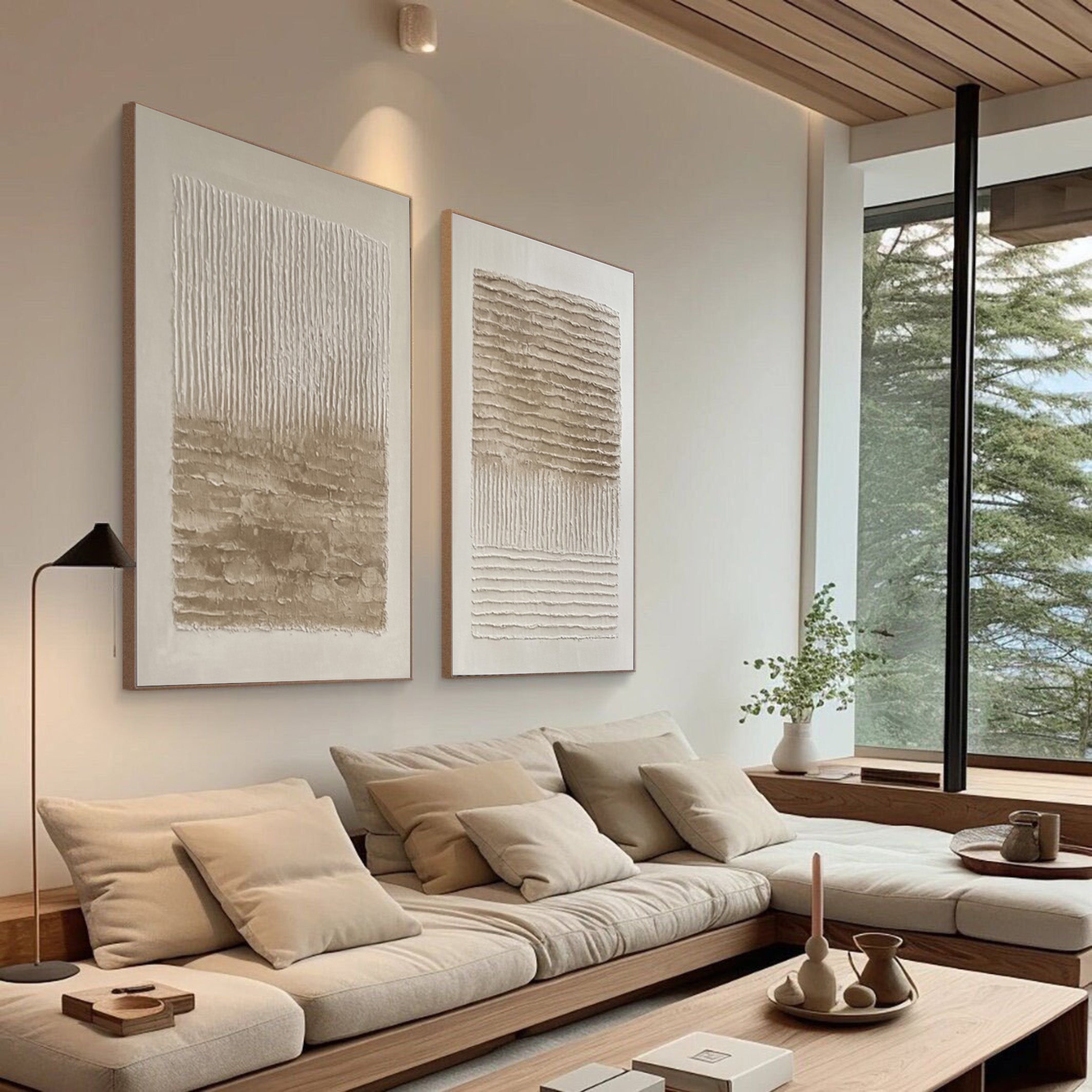 Woven Silence: Minimalist Neutral Set Of 2 with Impasto Lines #MM558