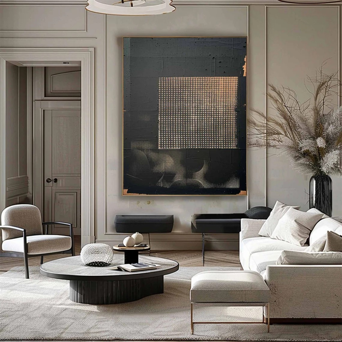 Dark Textured Abstraction, Geometric Grid Focus, Modern Canvas #MM419