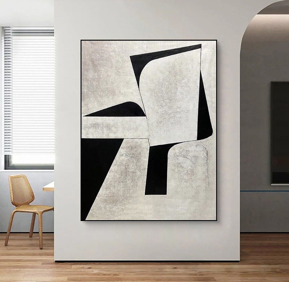 Textured Black and White Painting, Bold Modern Geometric Canvas #MM443