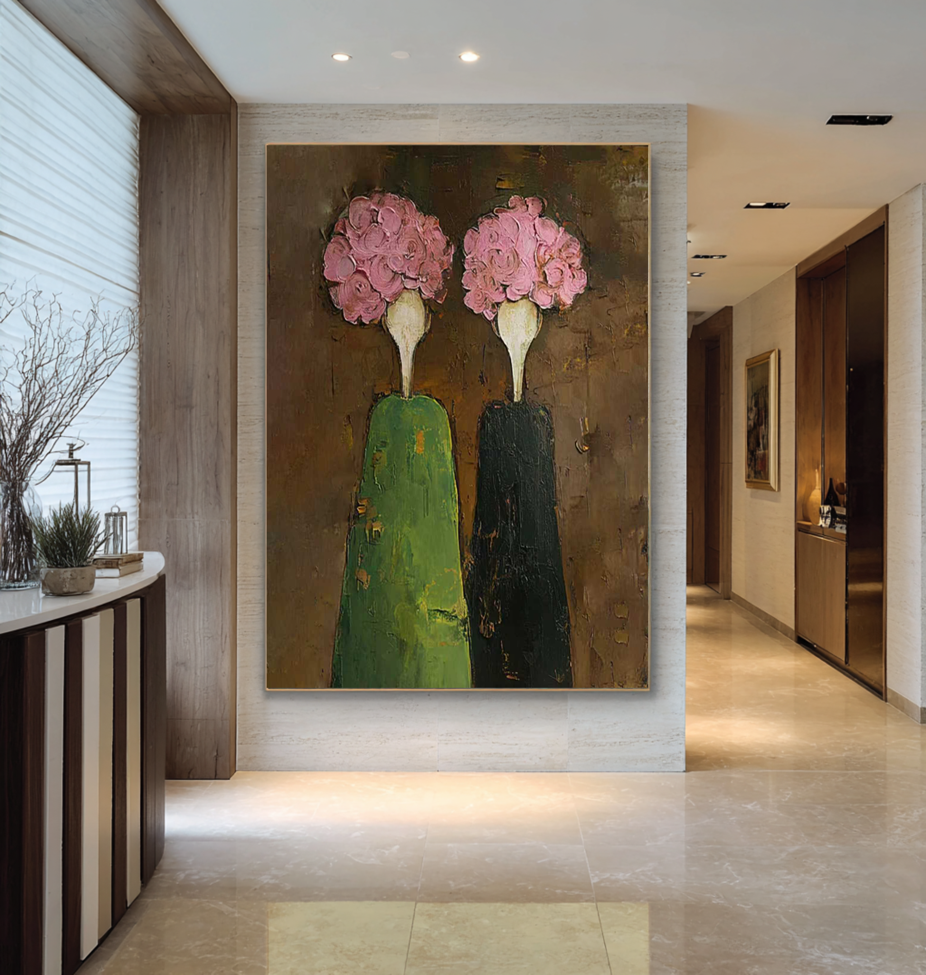 Modern Figurative Oil Painting - Green and Pink Wall Art | KelorArt
