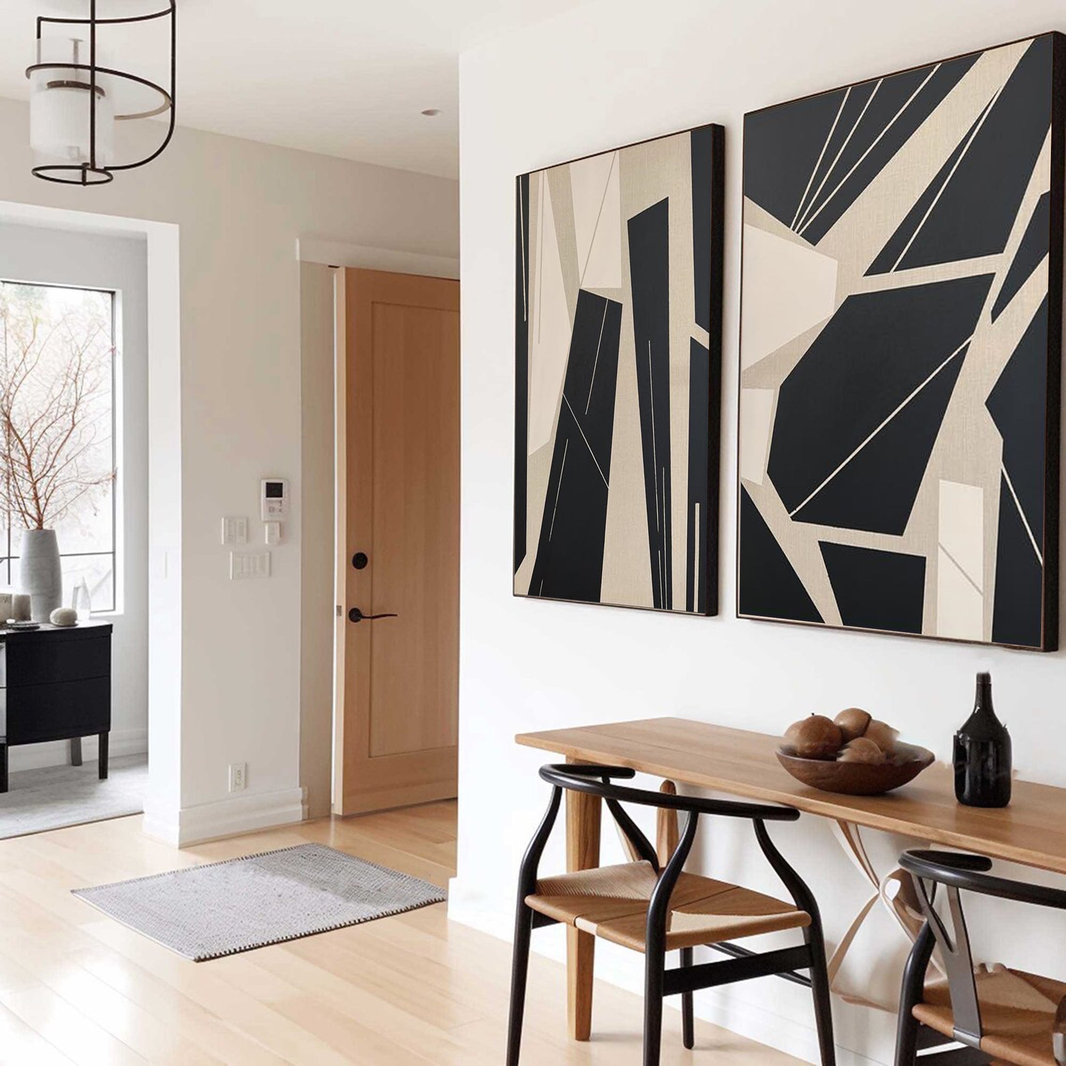 لوحة فنية جدارية هندسية معاصرة باللونين الأسود والبيج #MMS047