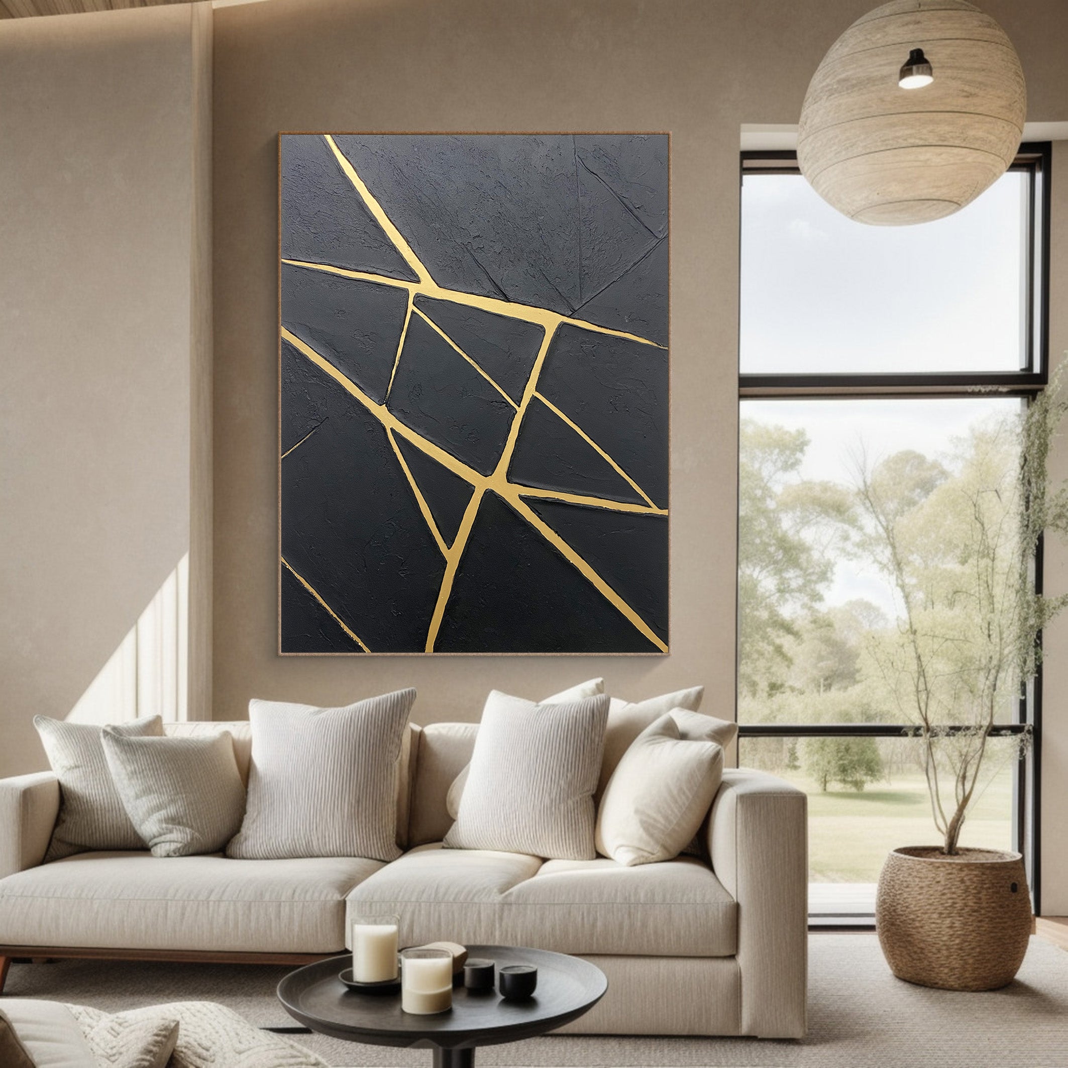 Gilded Fracture:Textured Black Abstract with Angular Gold Lines #MM559