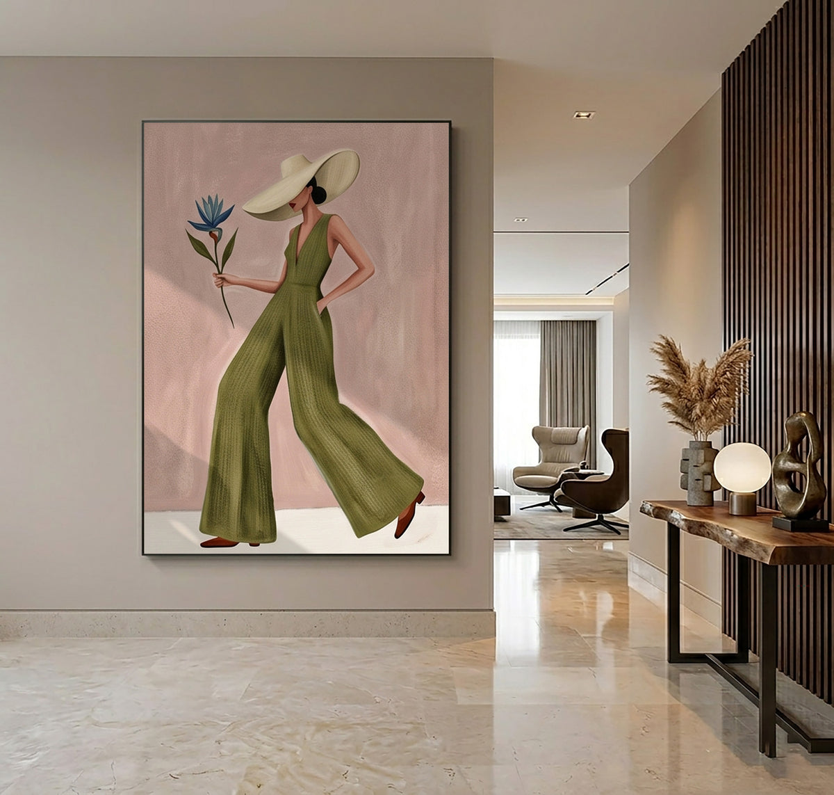 Modern Fashion Woman Painting Green Jumpsuit Wall Art
