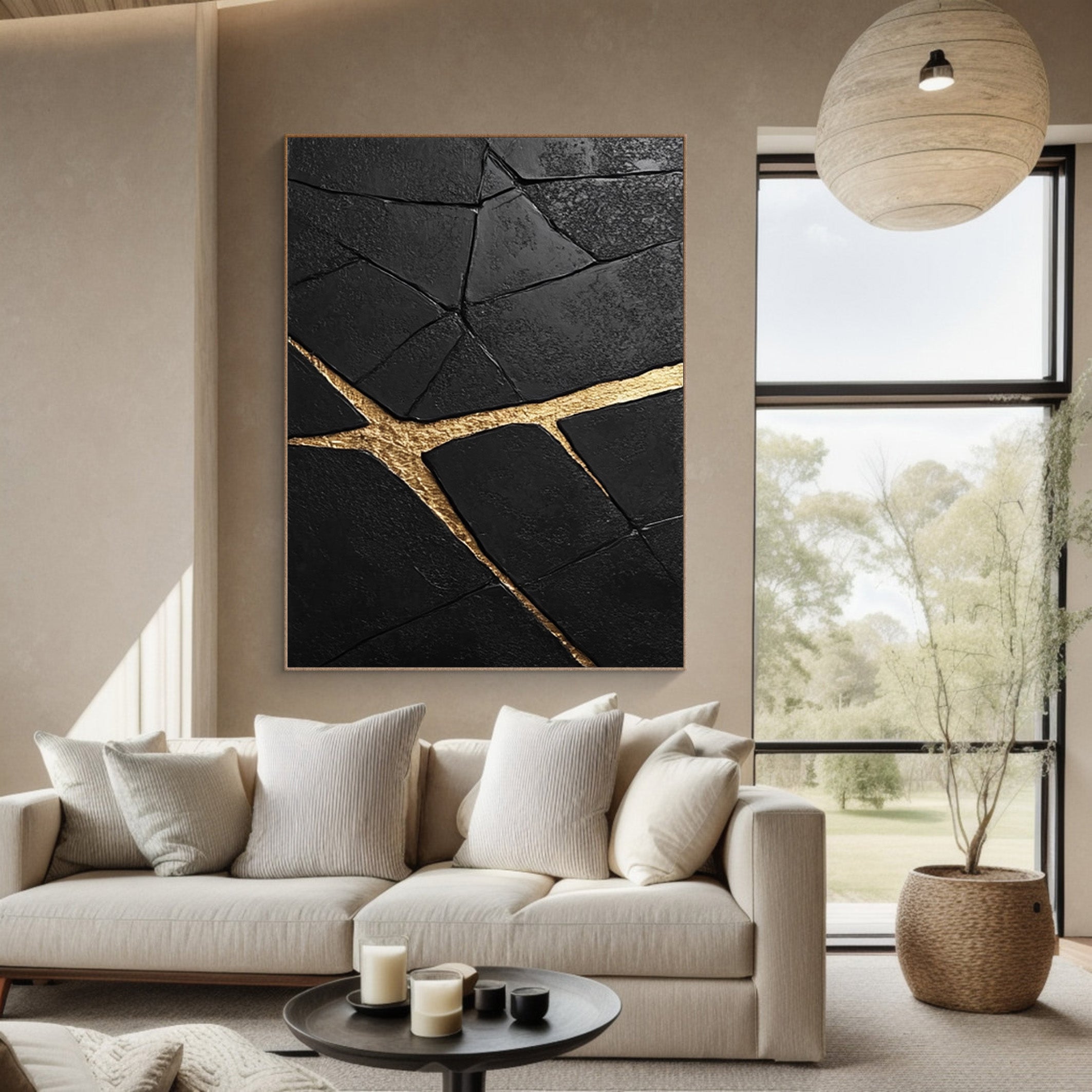 Gilded Cleft: Textured Black Abstract with Bold Gold Fissures #MM545