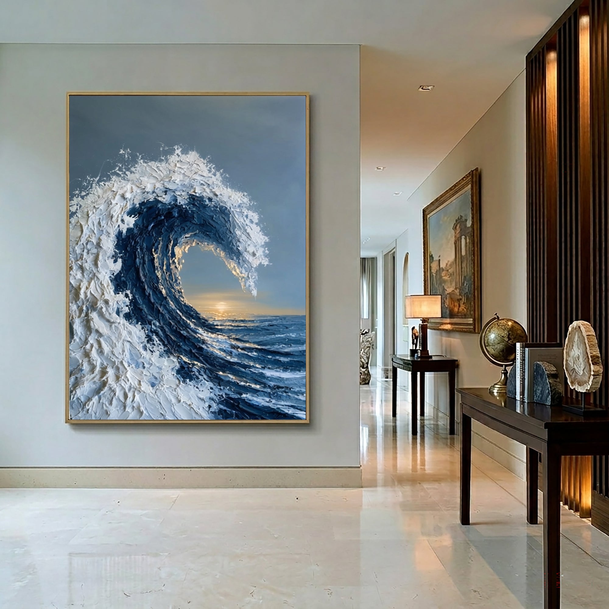 Large Modern Coastal Ocean Wall Art Textured Wave Oil Painting Seascape Cowboy Cowgirl Inspired Vintage Americana Artwork Contemporary Home Decor