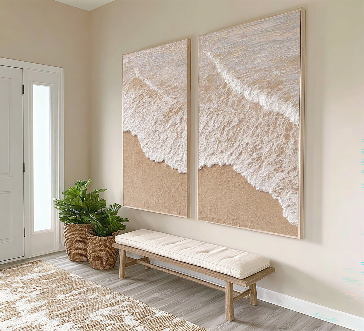 Large Textured Ocean Waves Diptych Wall Art Beige White Coastal Seascape 3D Oil Painting Minimalist Two Piece Canvas Modern Home Decor