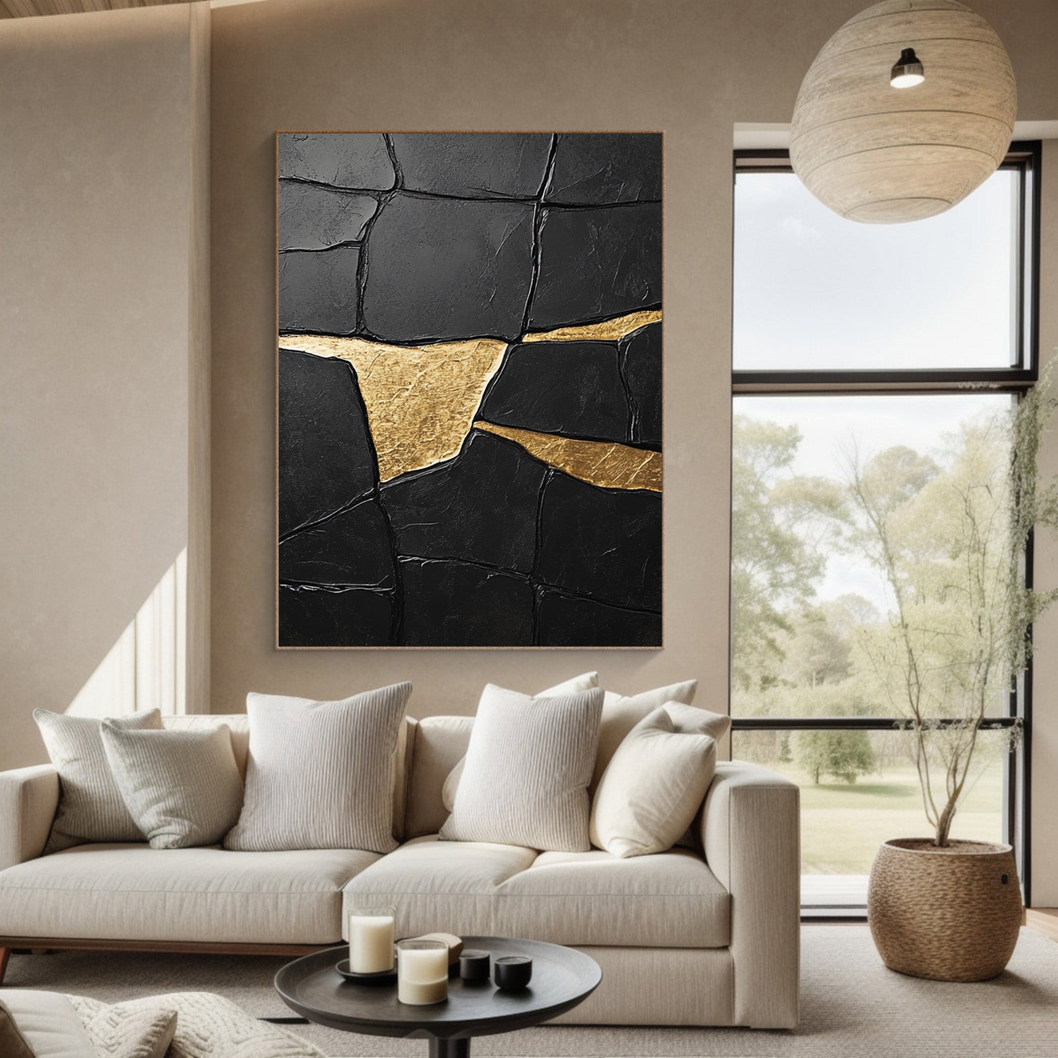 Noir Fragment: Heavily Textured Black Canvas with Gold Accents #MM548