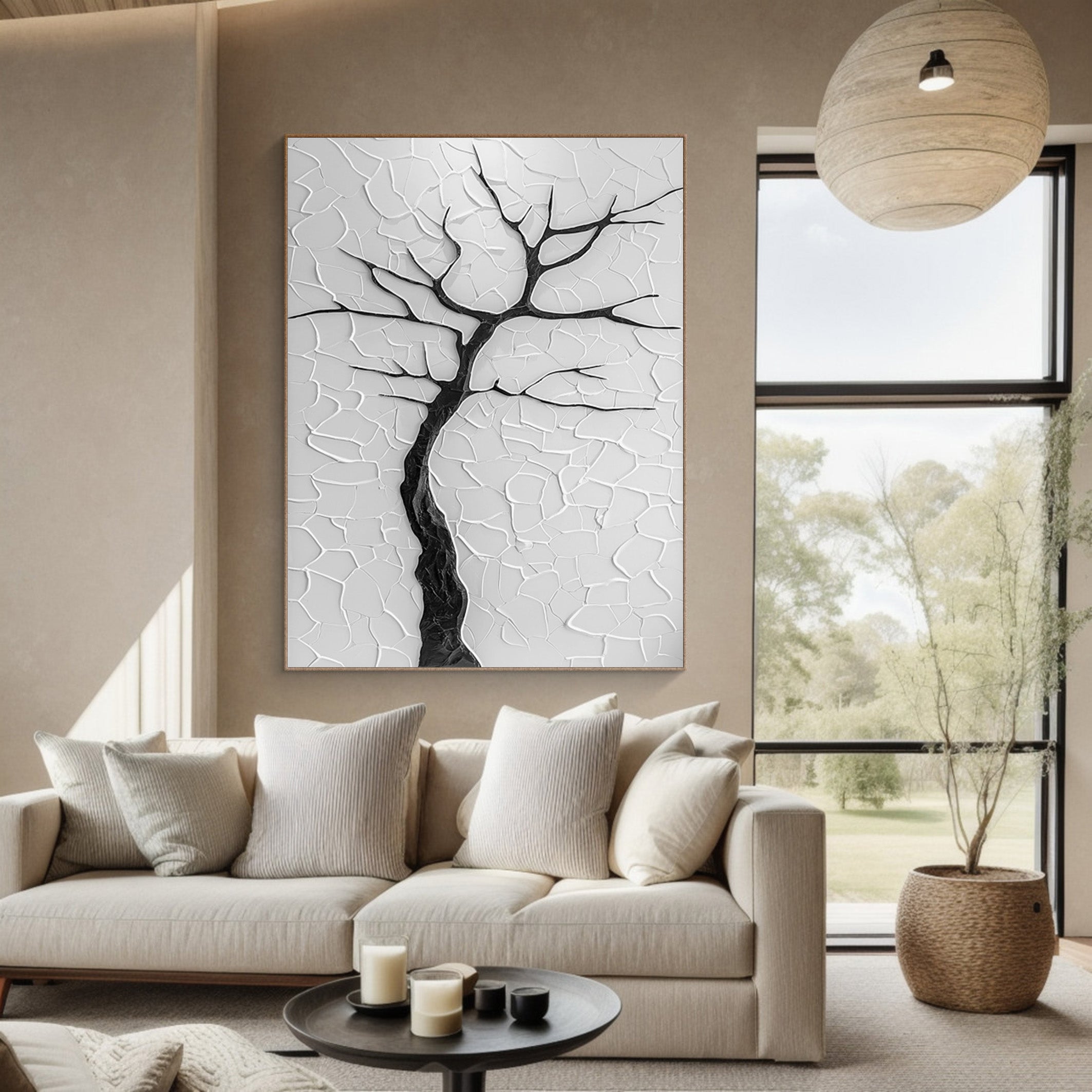 Winter's Embrace: Minimalist Black Tree on Textured White #MM567