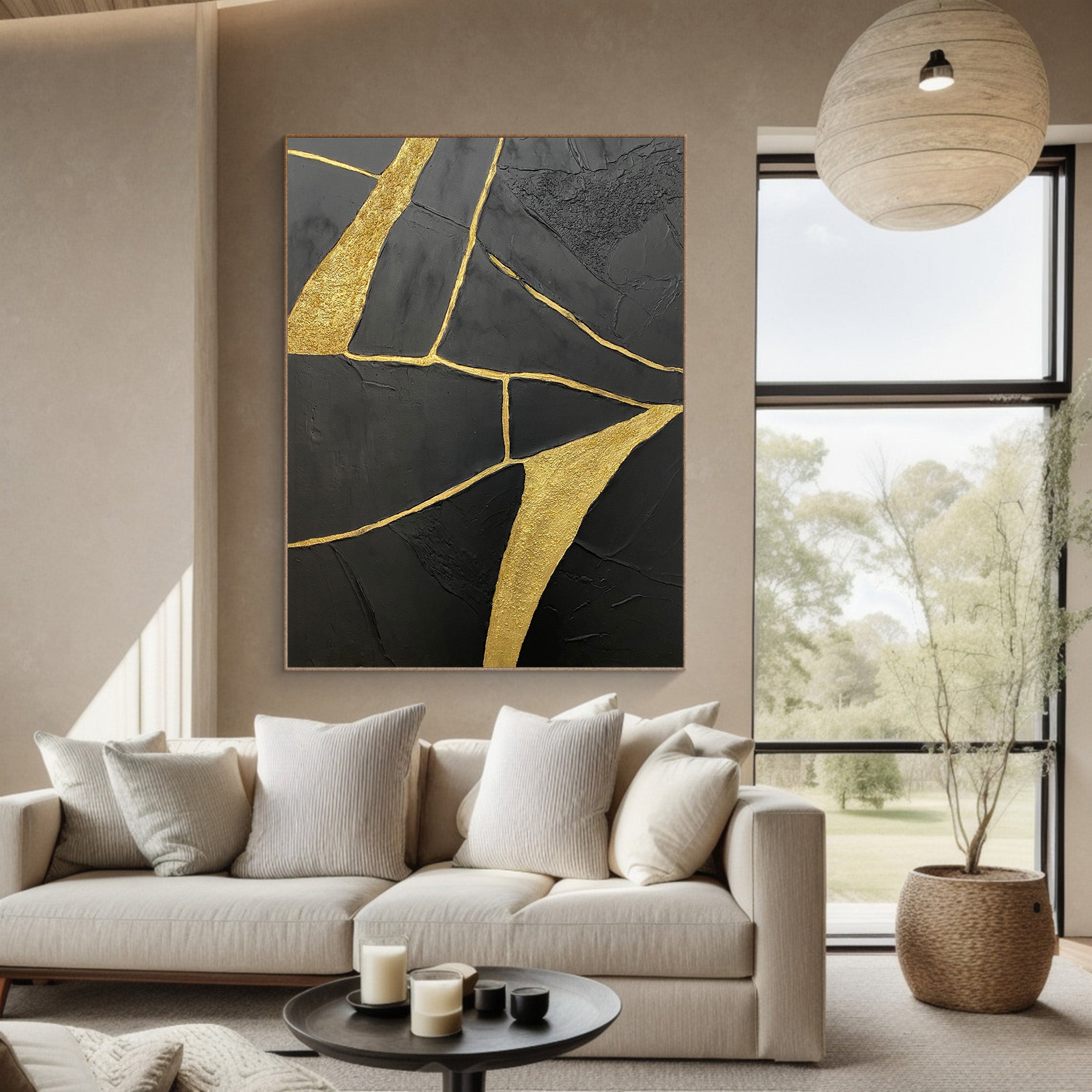 Gilded Fracture:Textured Black Abstract with Flowing Gold Lines #MM544
